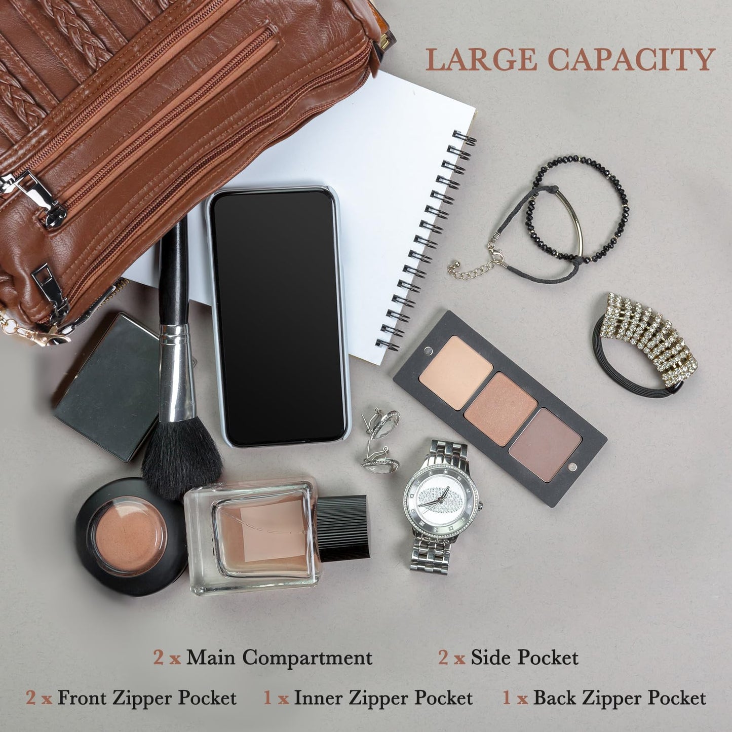 ELDA Purses for Women Pocketbooks Soft PU Leather Ladies Crossbody Purse Multi Pocket Shoulder Bag (Brown)