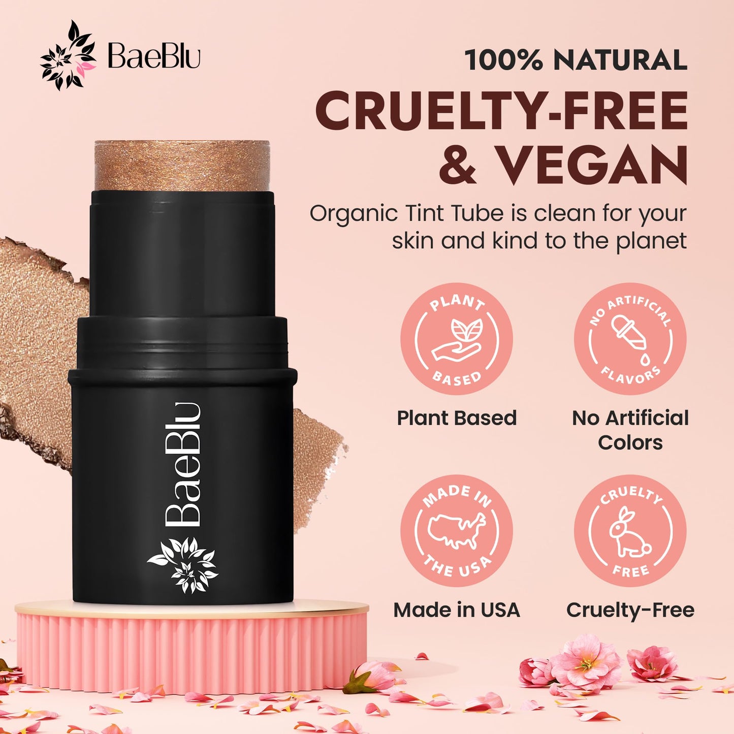 BaeBlu - Organic Cream Bronzer Stick - 100% Natural Vegan Cream Bronzer for Face, Multi-Use for Lips, Cheeks & Eyes, Buildable Shimmer, Gluten-Free