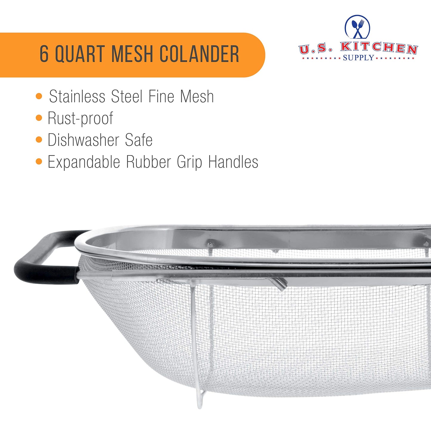 U.S. Kitchen Supply 6-Quart Collapsible Stainless Steel Colander with Expandable Handles – Fine Mesh Strainer for Kitchen