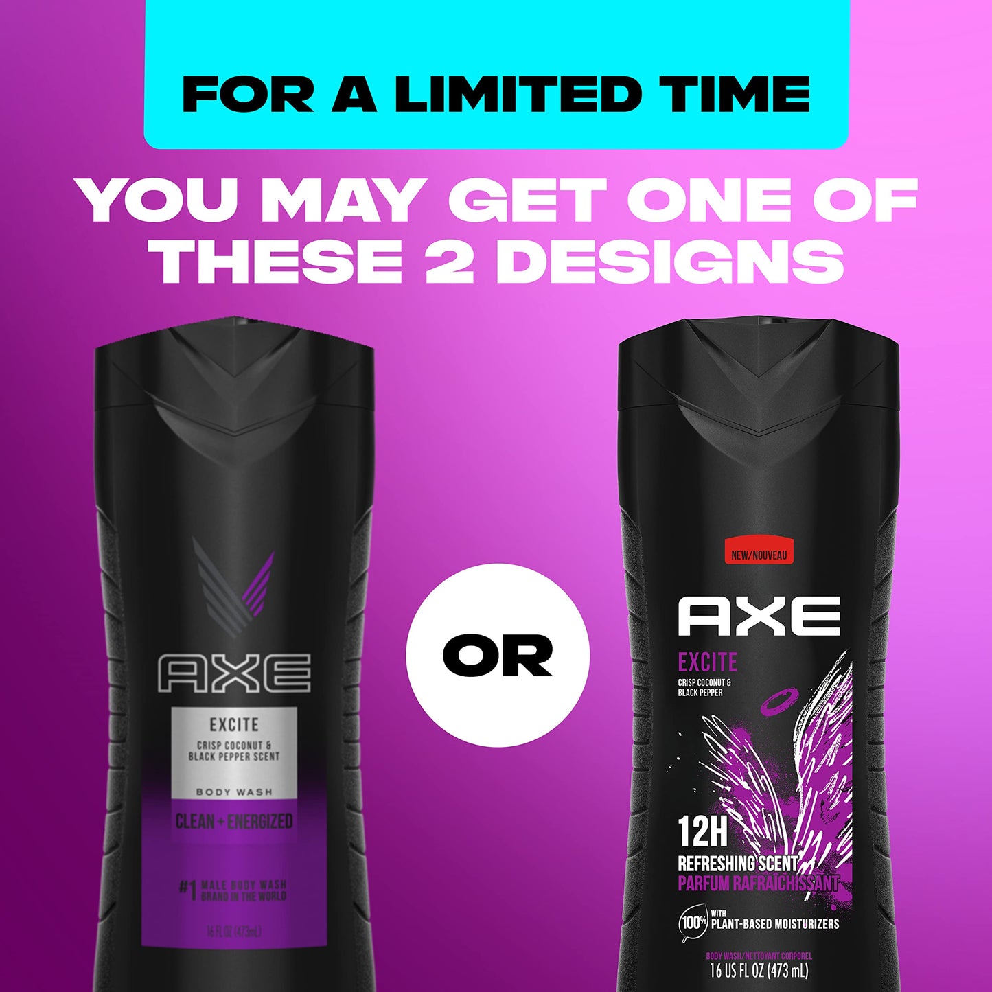 AXE Body Wash 12h Refreshing Scent Excite Crisp Coconut and Black Pepper Men's Body Wash, 16 Oz