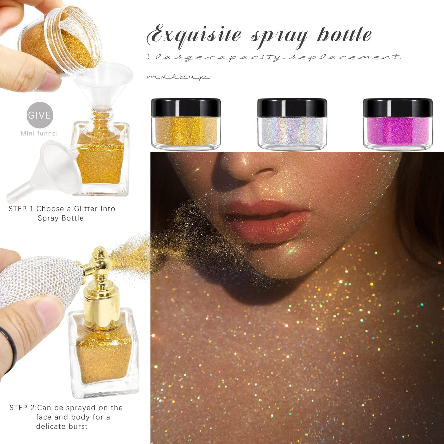 NewBang Body Glitter Spray,Sliver Gold Pink Glitter Powder,Shimmer Highlighter Loose Powder Glitter Makeup for Body Face Hair Clothes Nail Art Craft