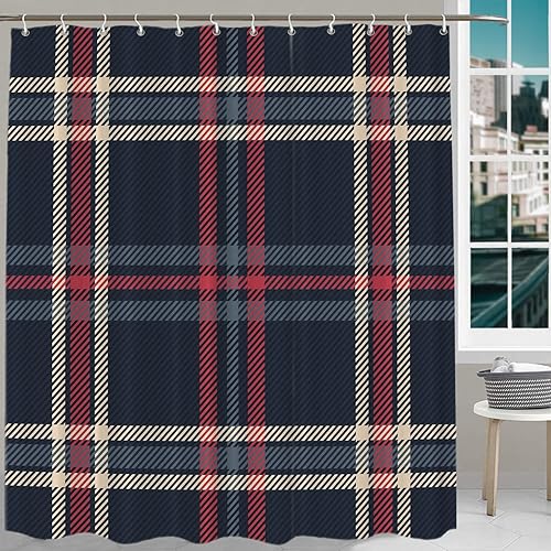 BaoNews Christmas Fashion Blue Decorative Shower Curtain, Blue Check Tartan Plaid Pattern Red Abstract BritainDecor Shower Curtain for Shower Stall…