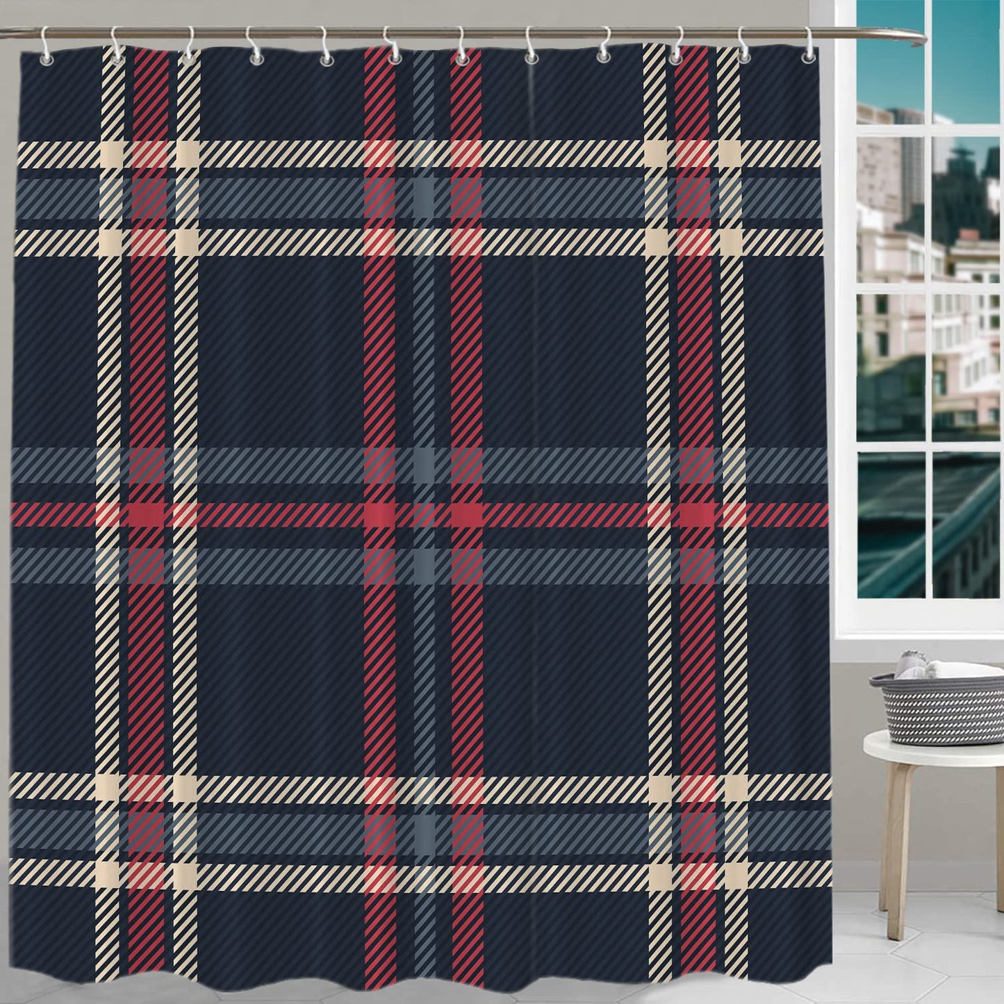 BaoNews Christmas Fashion Blue Decorative Shower Curtain, Blue Check Tartan Plaid Pattern Red Abstract BritainDecor Shower Curtain for Shower Stall…