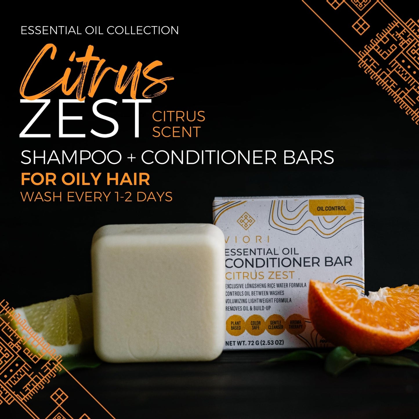 Viori Citrus Zest Essential Oil Conditioner Bar Made with Rice Water - Handcrafted All Natural Organic Conditioner
