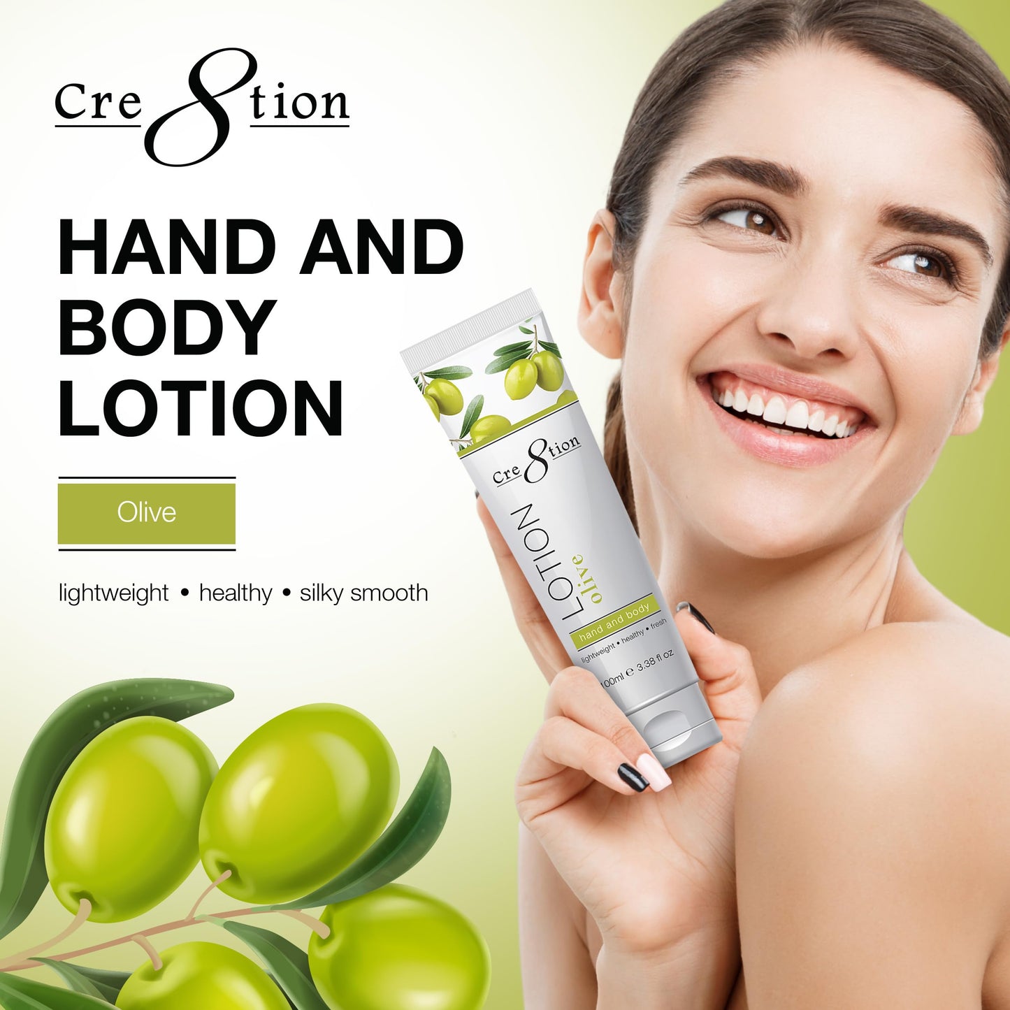 Cre8tion Spa Olive Hand & Body Lotion, Luxurious Lightweight Moisturizer for Silky, Smooth Skin, 3.3 Fl Oz