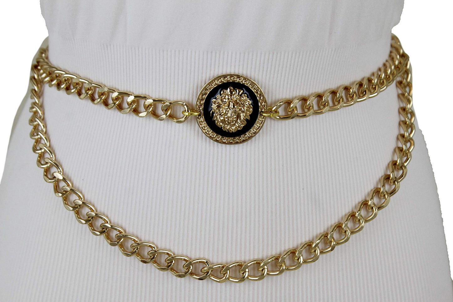 Women’s Trendy Gold Metal Chain Links Belt with Lion Head Charm - Adjustable Fit M/L/XL - Waist or Hip Wear