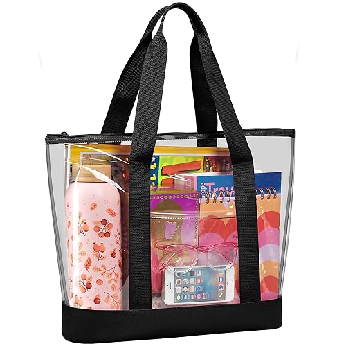 Handy Laundry Clear Tote Bag - Zipper Closure, Long Shoulder Strap, Fabric Trimming. (Black)