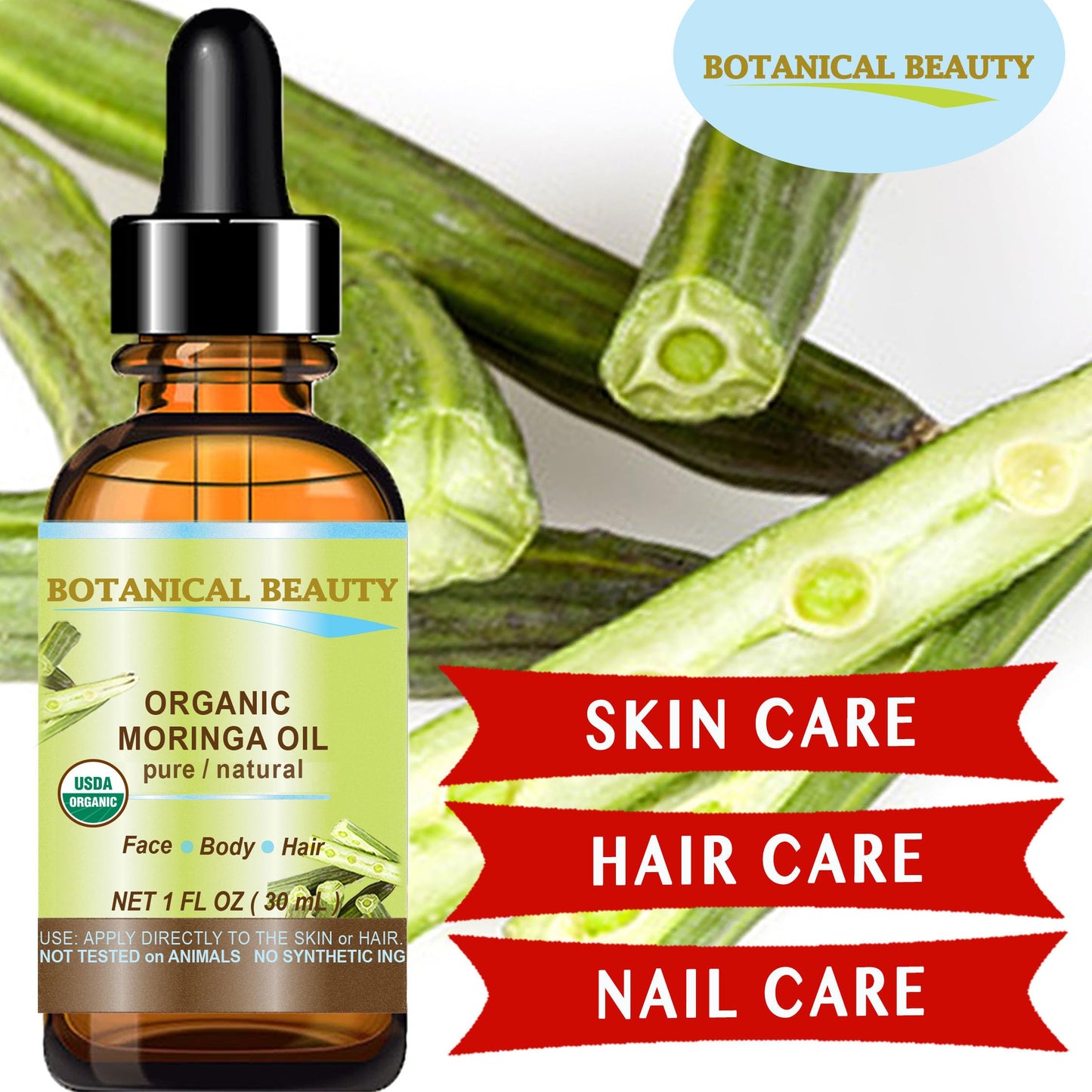 Botanical Beauty Organic Moringa Oil 100% Pure Natural Undiluted 0.5 Fl.oz.- 15 ml. for Face Skin, Hair, Lips, Body, Nails Rich in Vitamin C, Vitamin