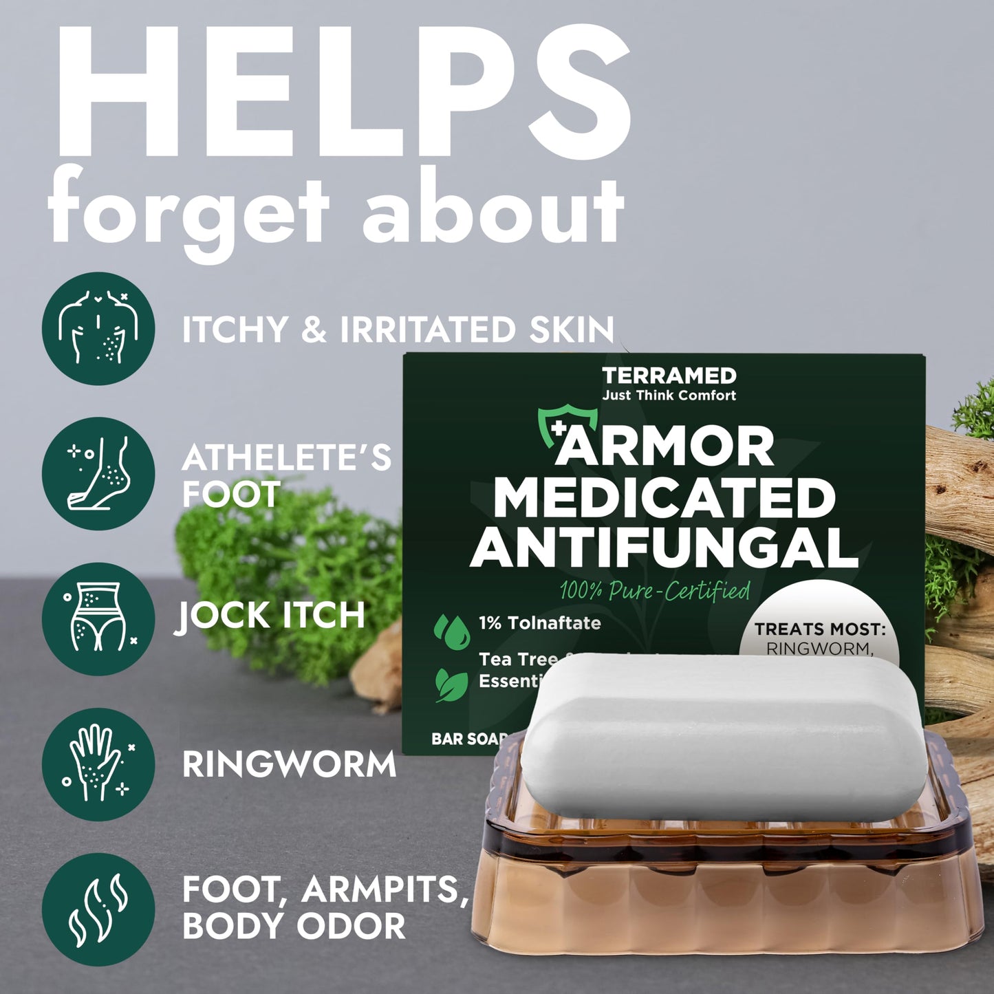 Antifungal Soap | Medicated Jock Itch Treatment, Fights Ringworm & Athlete's Foot | Soothing Tea Tree & Eucalyptus | 1% Tolnaftate for Effective Beauty and Personal Care Terramed Just Think Comfort