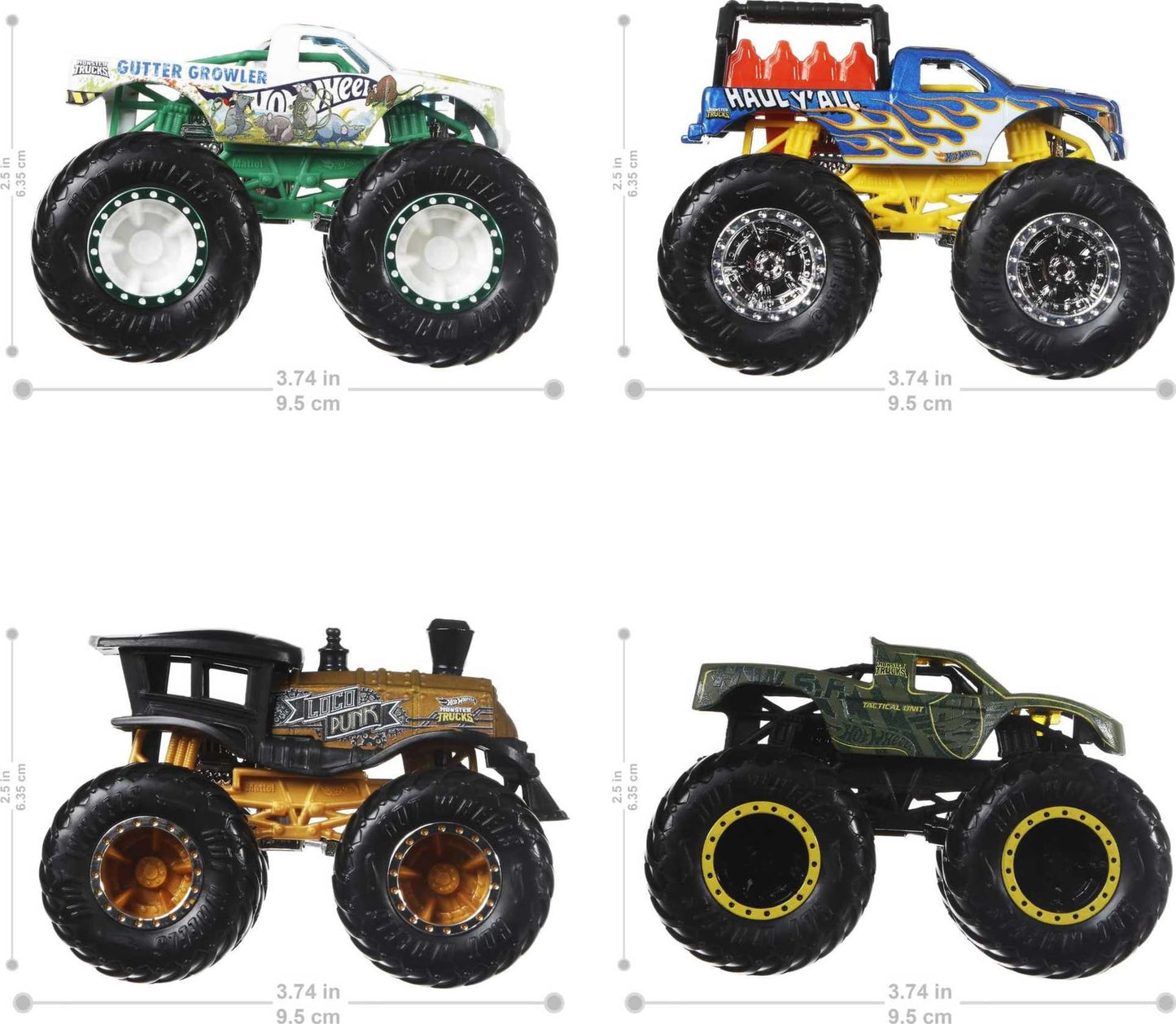 Hot Wheels Monster Trucks 4-Pack, 1:64 Scale Set of 4 Toy Vehicles with Giant Wheels for Kids & Collectors (Styles May Vary)