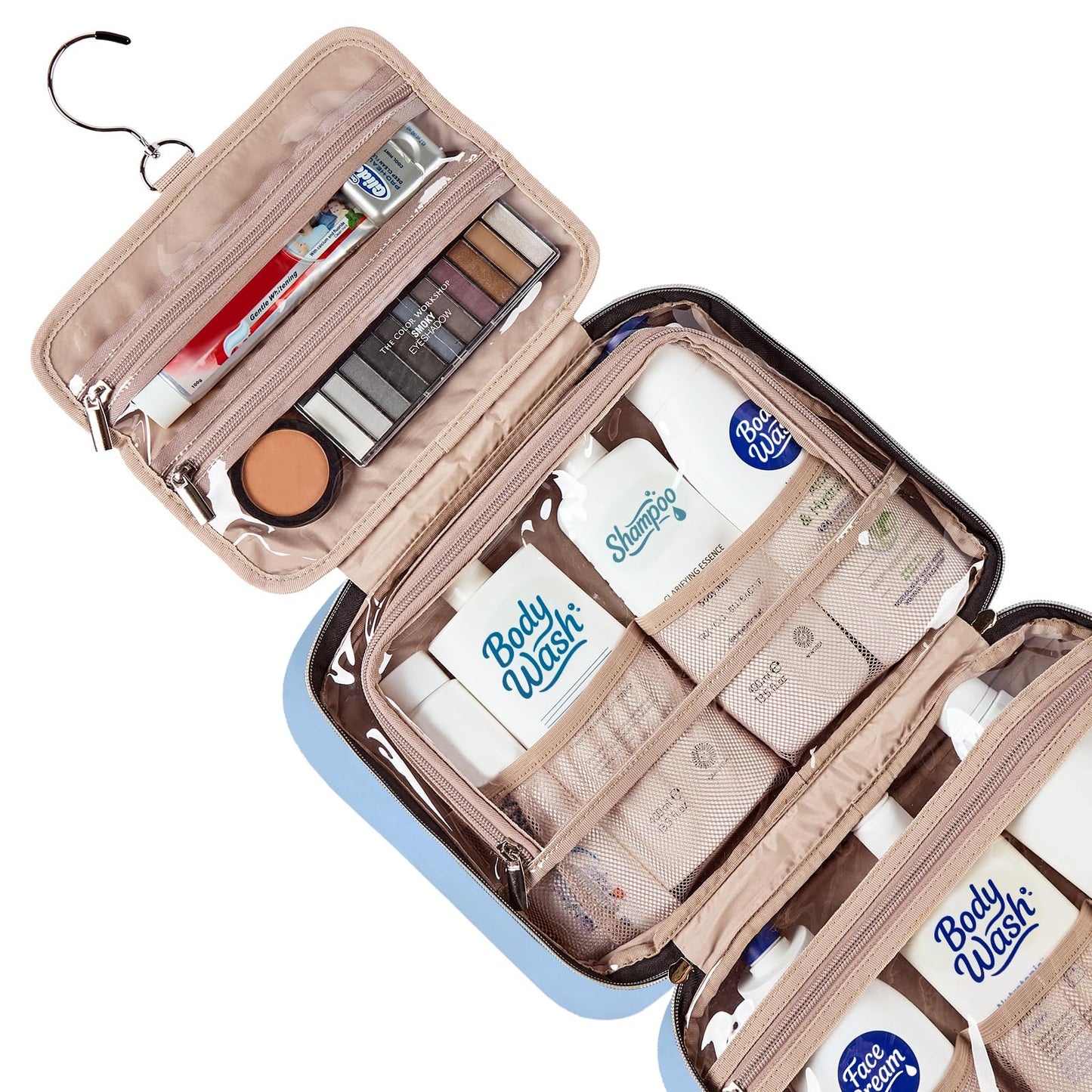 NISHEL Travel Toiletry Bag for women, Portable Hanging Organizer for Full-Sized Shampoo, Conditioner, Brushes Set, Makeup Accessories, Large Size Beauty and Personal Care NISHEL