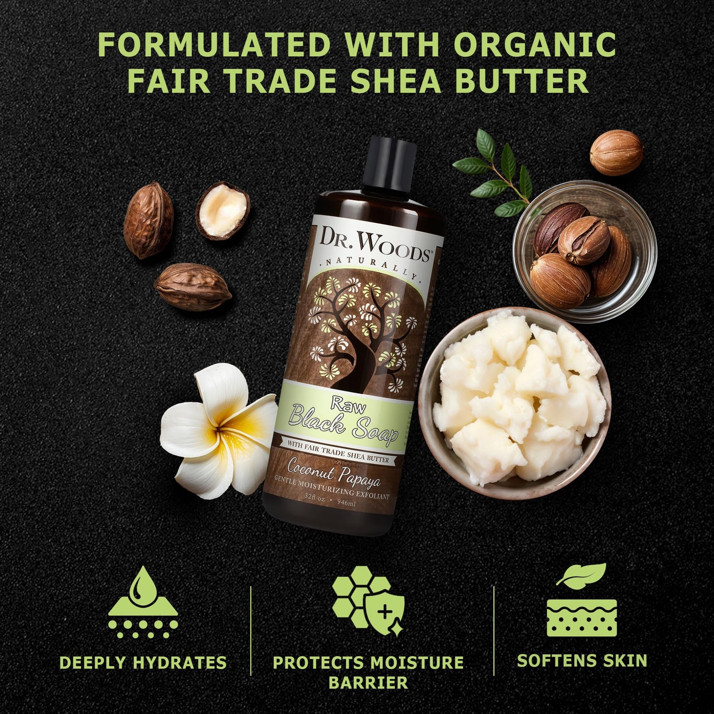 Dr. Woods Raw African Liquid Coconut Papaya Black Soap- Body Wash for Men & Women, Organic Shea Butter, Gentle Exfoliant, Coconut & Papaya Fragrance