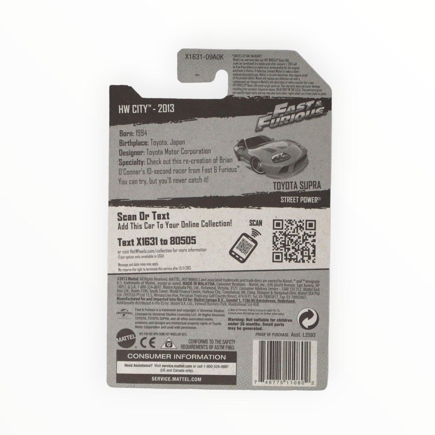 Hot Wheels 2013 HW City Fast & Furious Toyota Supra 5/250, Orange