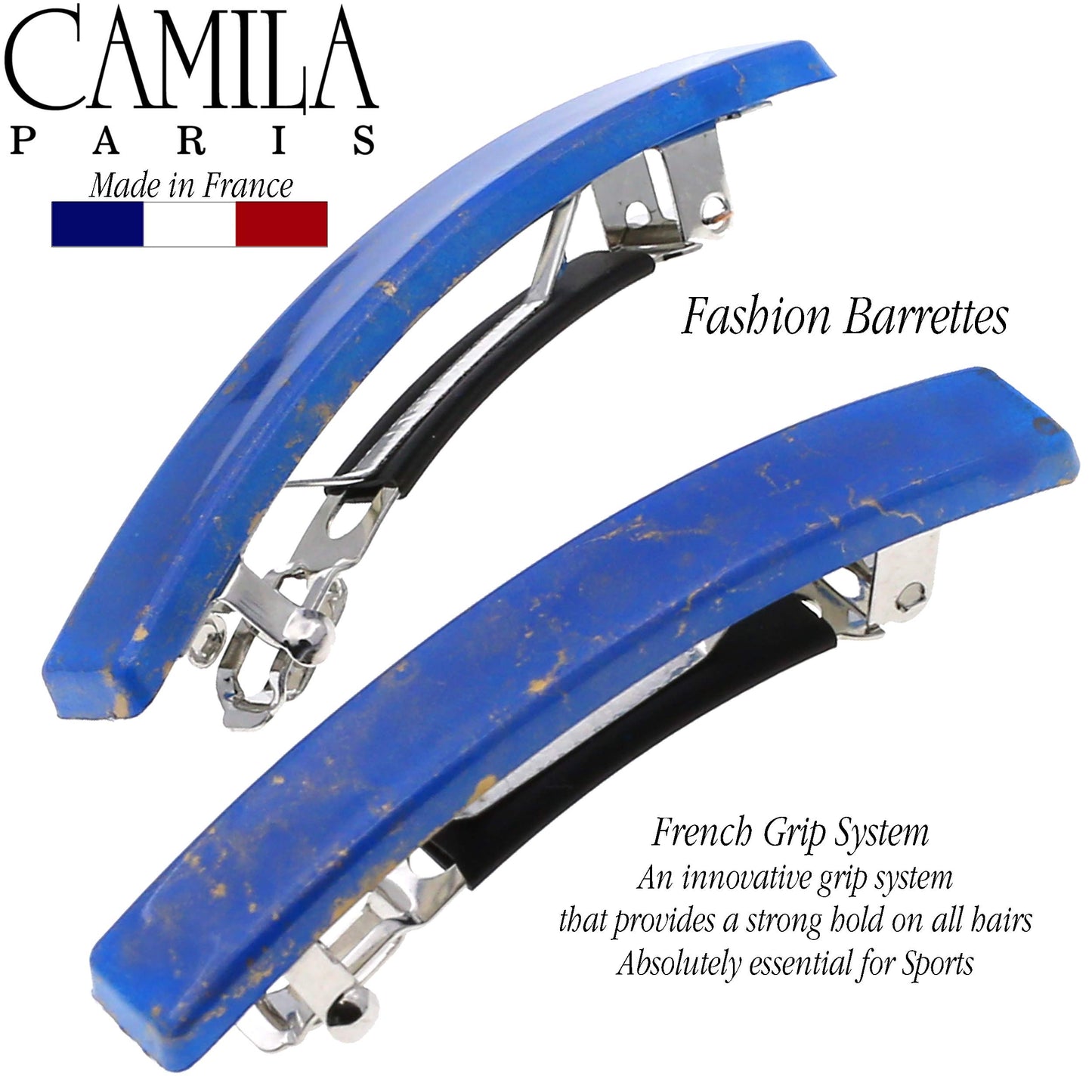 Camila Paris CP3042 French Hair Barrette Clip for Girls, Set of 2 Blue Rubberized Metal Clasp Strong Hold Grip Hair Clips for Women, No Slip Durable