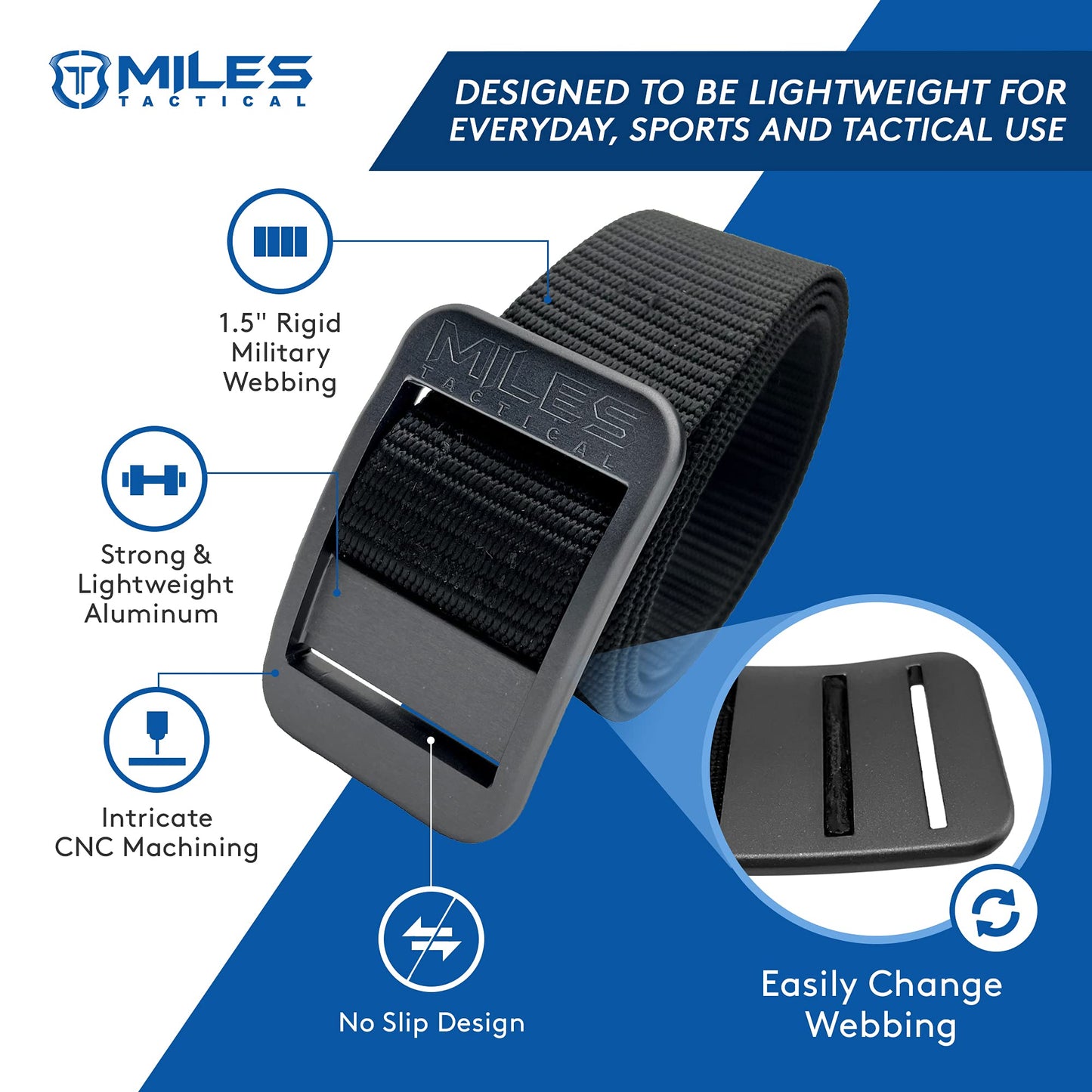 Miles Tactical Nylon Belt with Aluminum Metal Buckle No-Slip Design (Black, Medium)