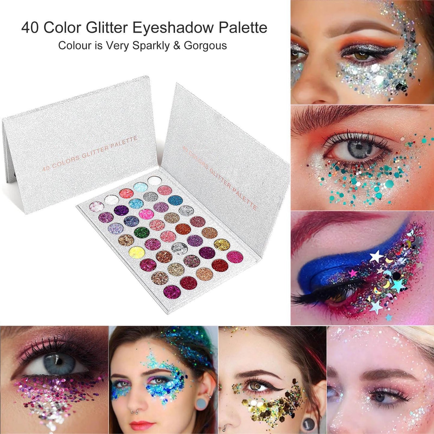 SUMEITANG 40 Colors Glitter Gel Set - No Glue Needed for Hair Face Body Glitter for Halloween, Carnival, Cosplay | Multi-Purpose Paint Glitter