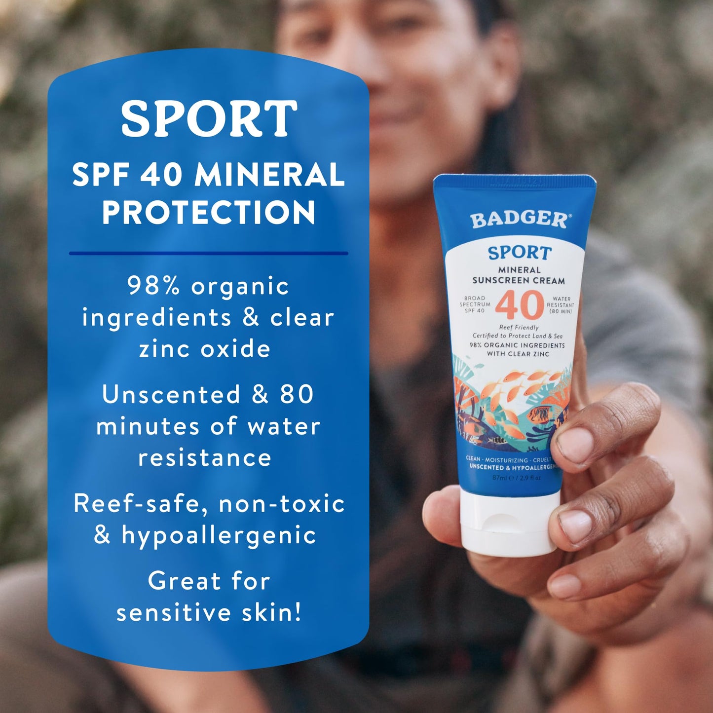 Badger Sport Mineral Sunscreen, Reef Safe, SPF 40, 98% Organic with Zinc Oxide, Water Resistant, Hawaii Reef Act 104 Compliant, Unscented