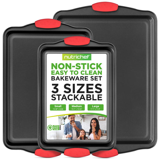 NutriChef 3-Pc Nonstick Baking Pan Set – Commercial-Grade Steel Bakeware with Red Silicone Handles, Easy-Clean, Oven Safe, NCSBS3S          Ask ChatGPT
