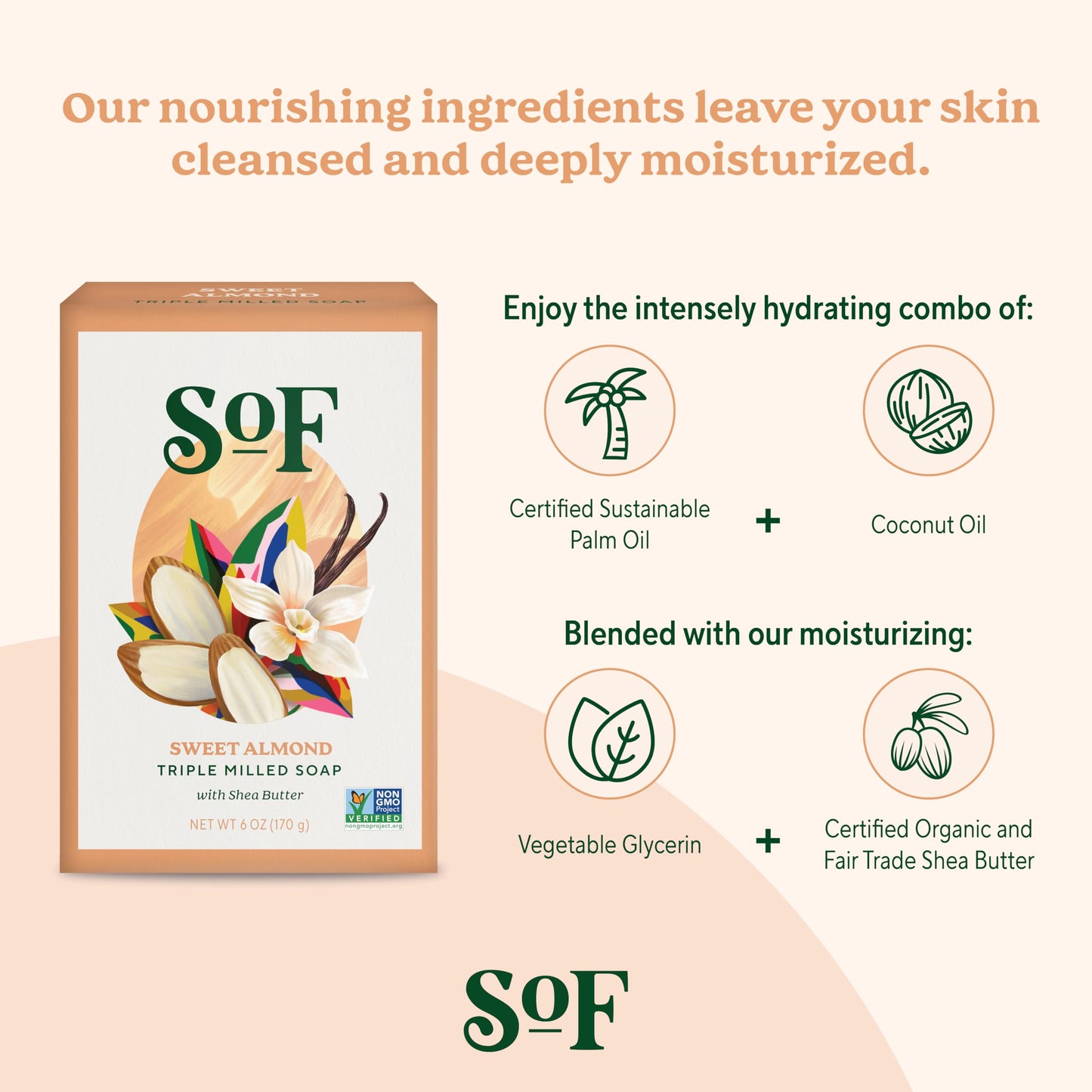 SoF Triple Milled Bar Soap - With Coconut Oil & Organic Shea Butter- Vegan & Non GMO- Free From Phthalates, Sulfates & Parabens- Sweet Almond - 6 oz
