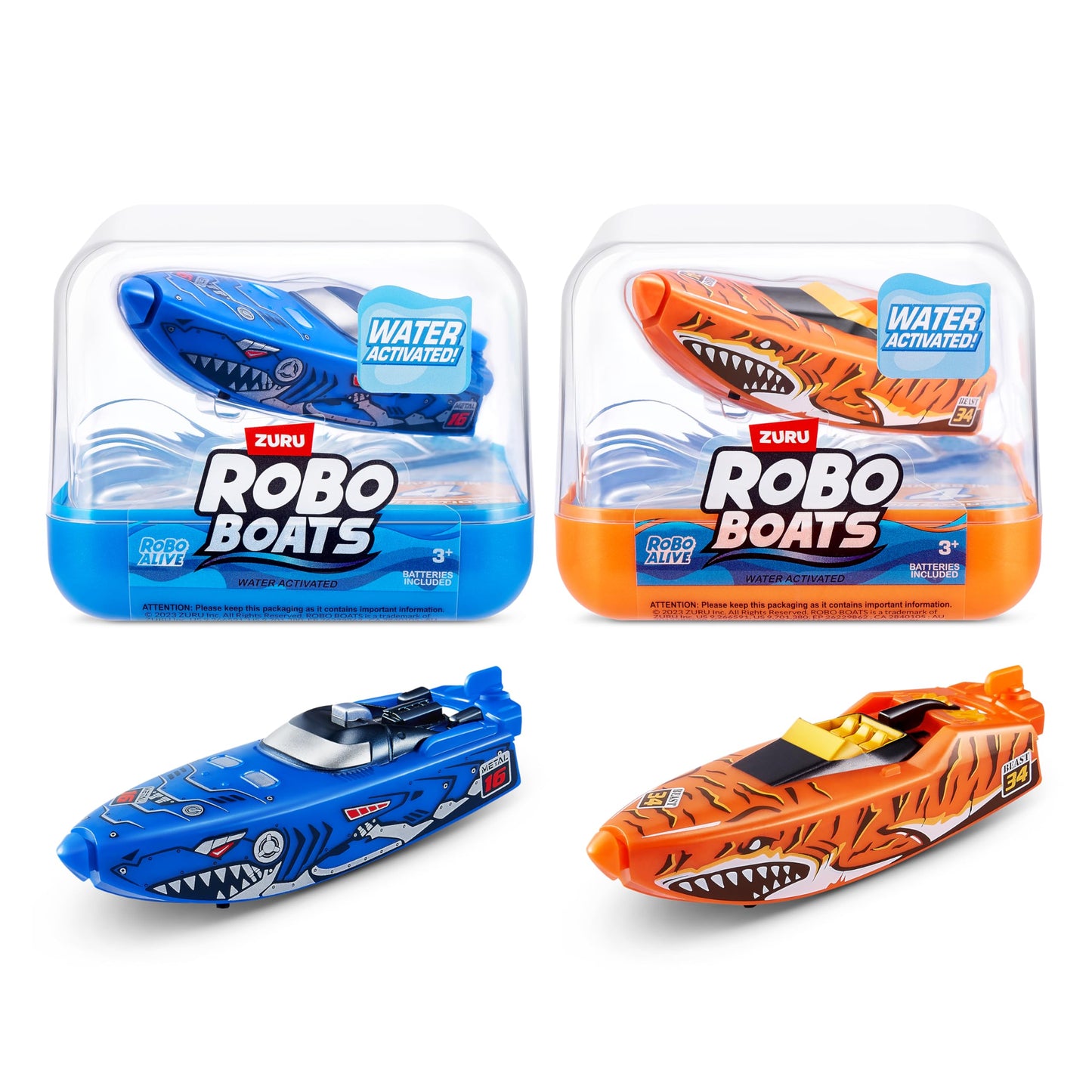 Robo Alive Robo Boats, Tiger Shark & Robo Shark Boat, 2 Pack, by ZURU Water Activated Boat Toy, (Amazon Exclusive)