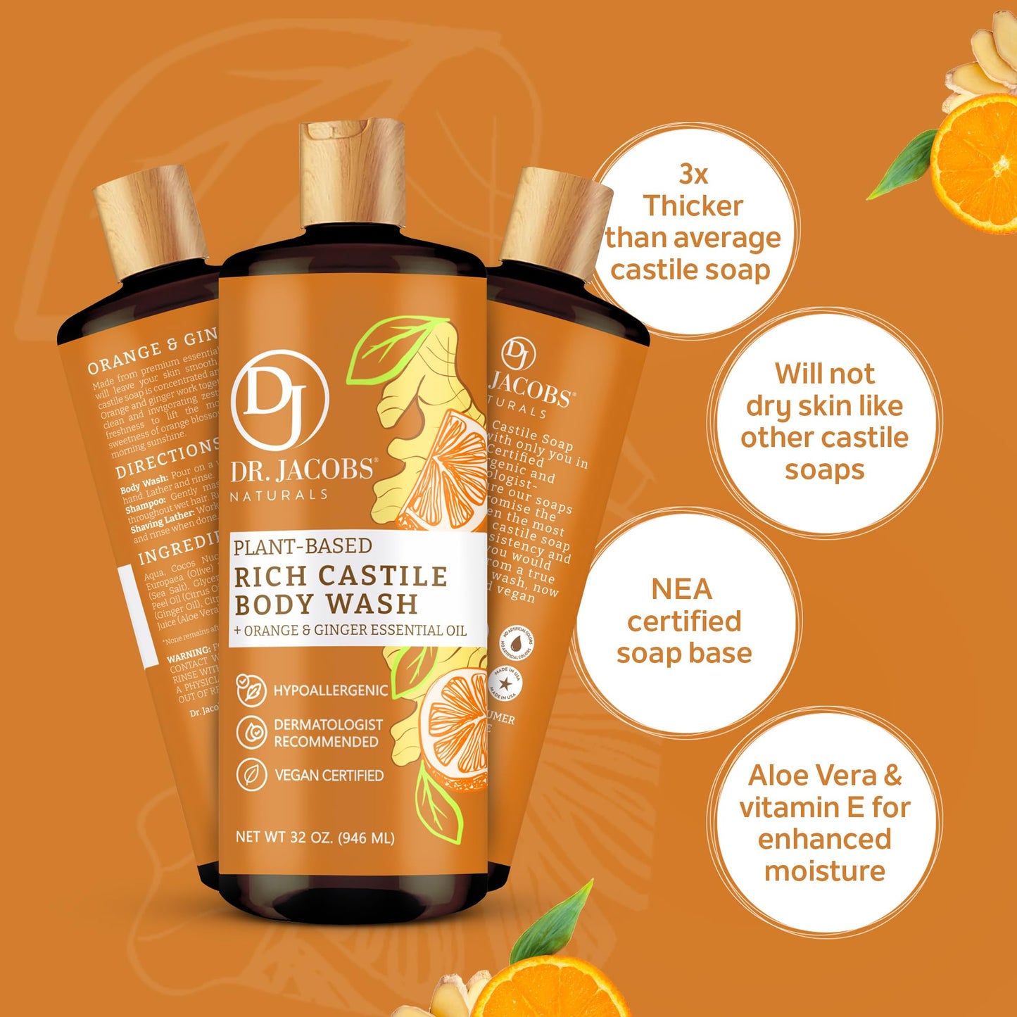 Dr. Jacobs Naturals Pure Castile Soap Liquid Body Wash, Orange & Ginger - Plant Based Soap Infused with Vitamin E & Aloe Vera to Moisturize Dry
