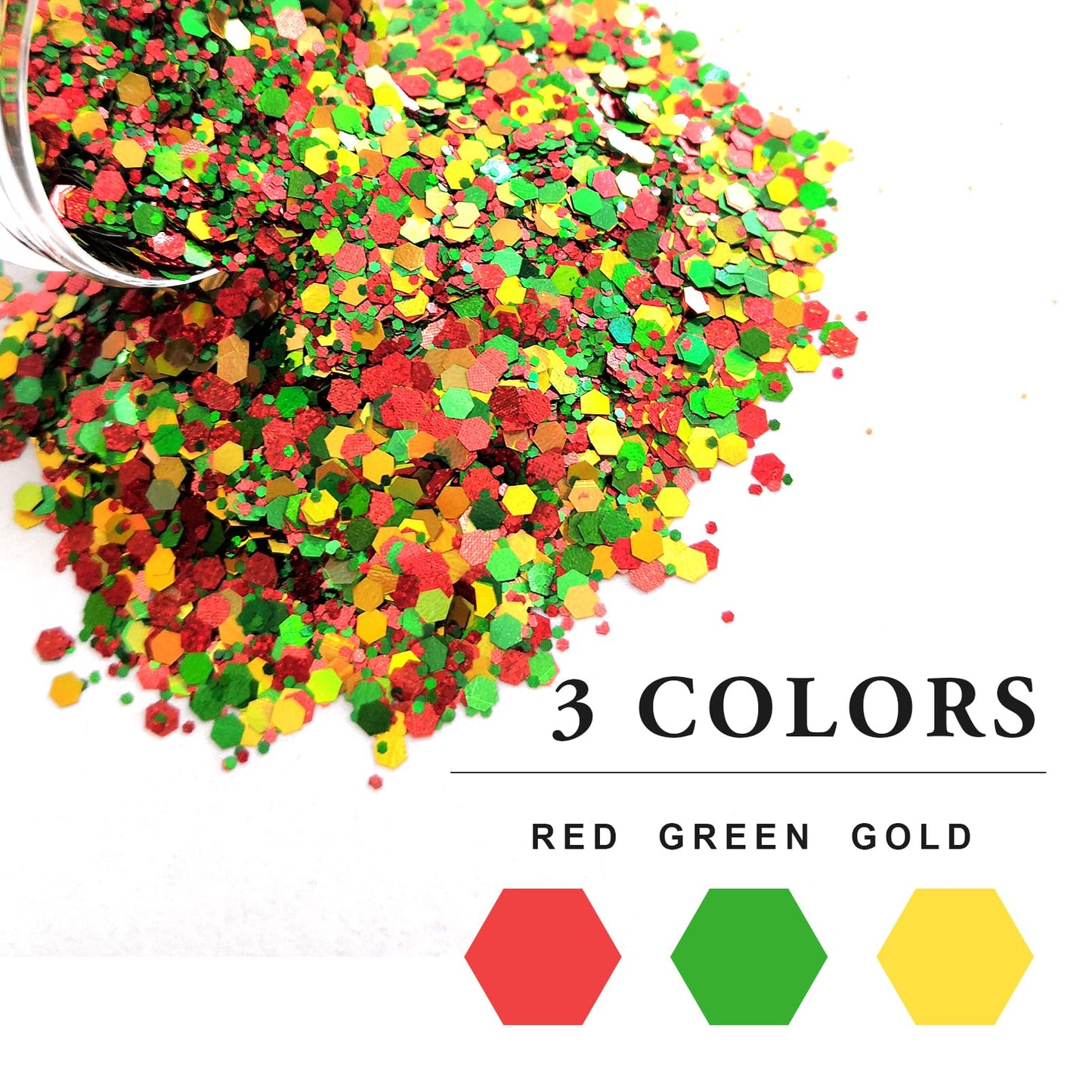 Red Green Gold Mixed Holographic Chunky Glitter, 13g (2 Jars x 6.5g) Crafts Glitter Powder with 10g Gel and Brush, Christmas Iridescent Nail Sequins