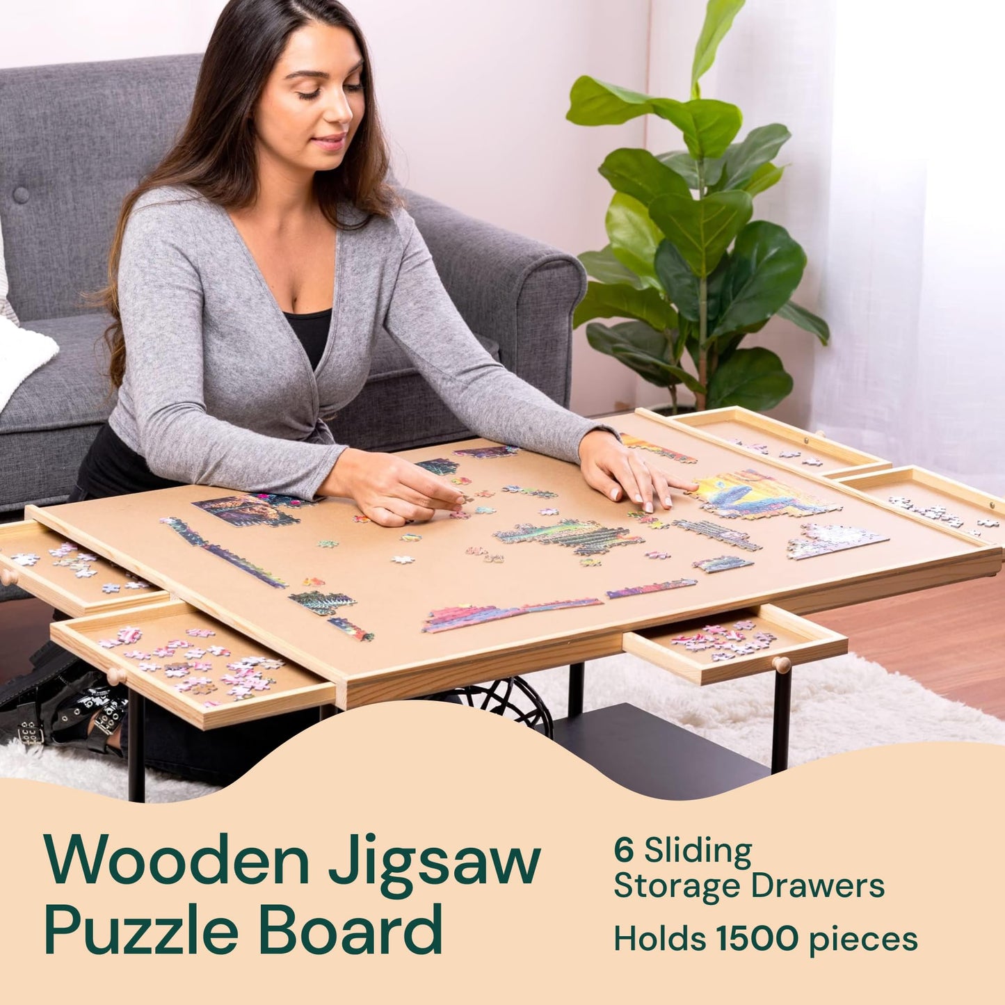 PlayVibe 1500-Piece Puzzle Board with Drawers & Cover – Portable Jigsaw Table with Trays, Accessories & Raised Edges to Prevent Slipping