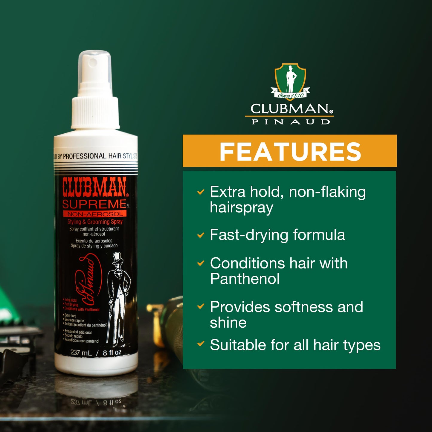 Clubman Supreme Non Aerosol Hairspray - Extra Hold Styling & Grooming Hair Spray for Men with Panthenol, 8 fl oz