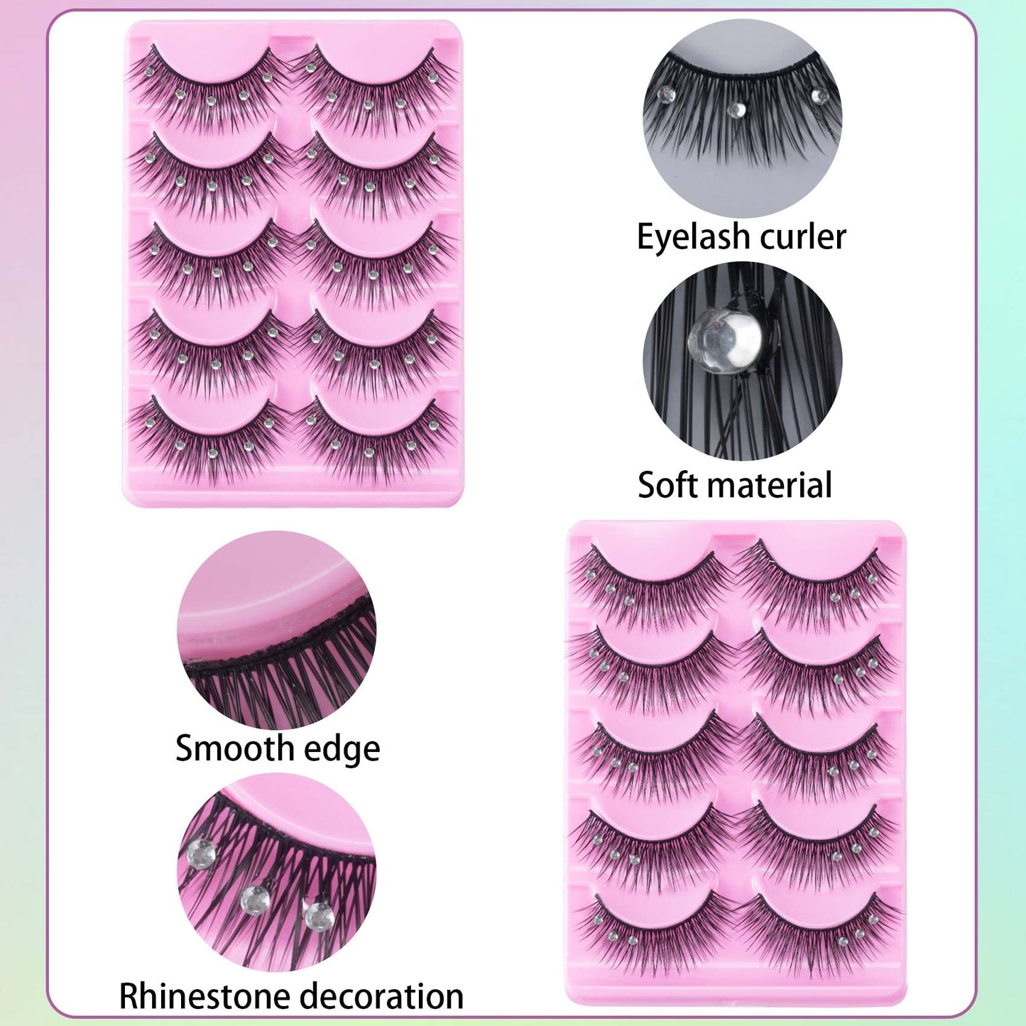 ANCIRS 2 Boxes(20pcs) Diamond False Eyelashes for Makeup, Natural Rhinestone Decorative Faux Mink Lashes, False Eye Lashes for Valentines Halloween