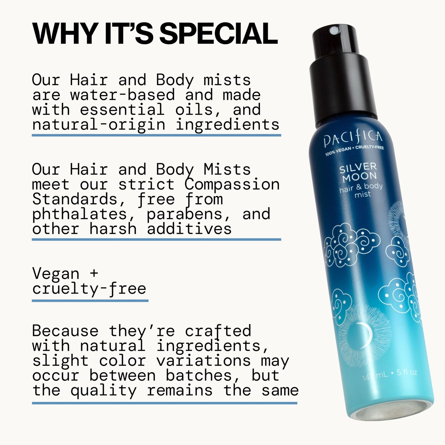 Pacifica Silver Moon Hair Mist Perfume & Full Body Spray for Women - Body Mist Fragrance w/BTonka, Santal, Cardamom, Vanilla Bean, Musk & Amber -