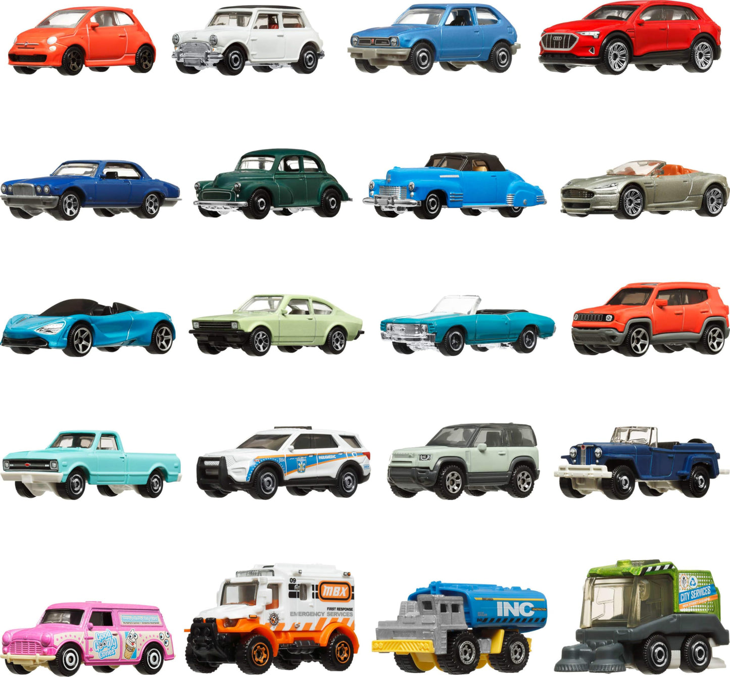 Matchbox Toy Cars or Trucks 20-Pack, Variety Set of 20 Die-Cast 1:64 Scale Cars, Buses, Fire, Construction or Police Vehicles (Styles May Vary)