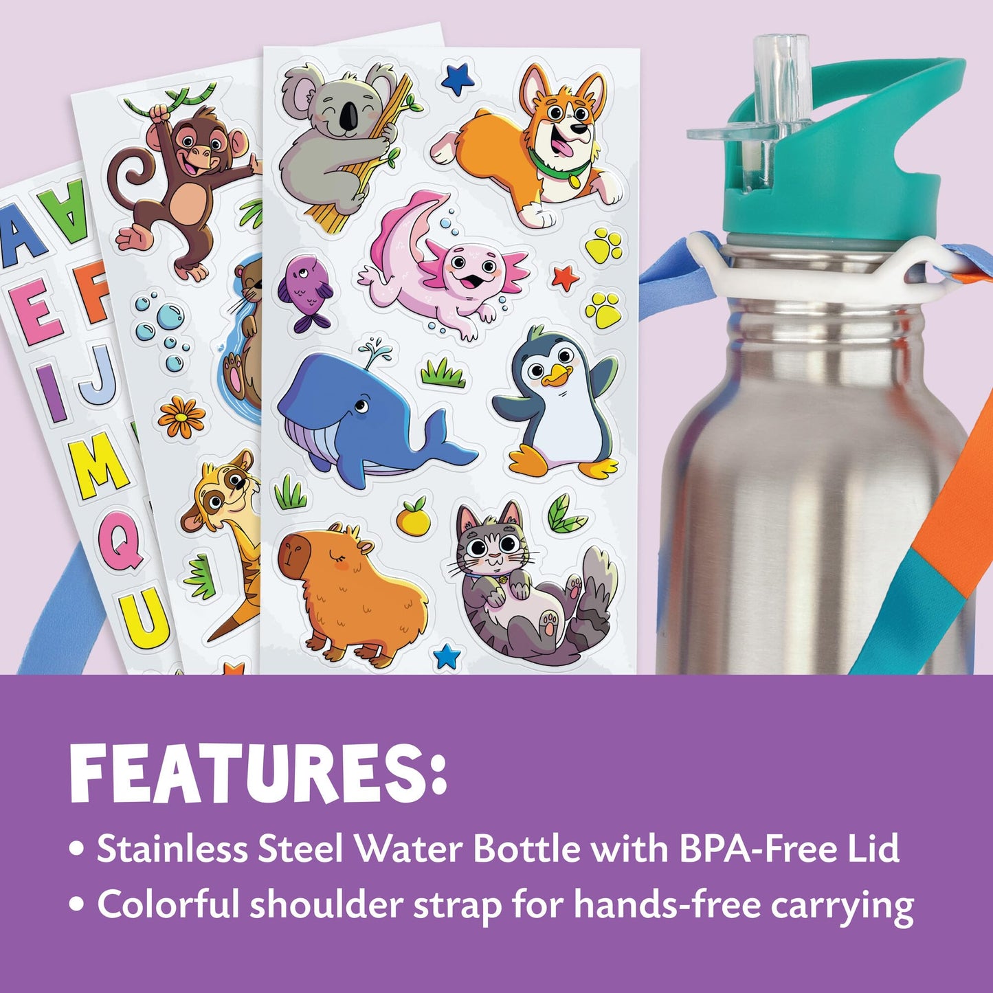 MindWare Cute & Custom Animal Water Bottle Decorating Kit - DIY Animal Sticker Set with Stainless Steel Bottle, Ages 5 and Up