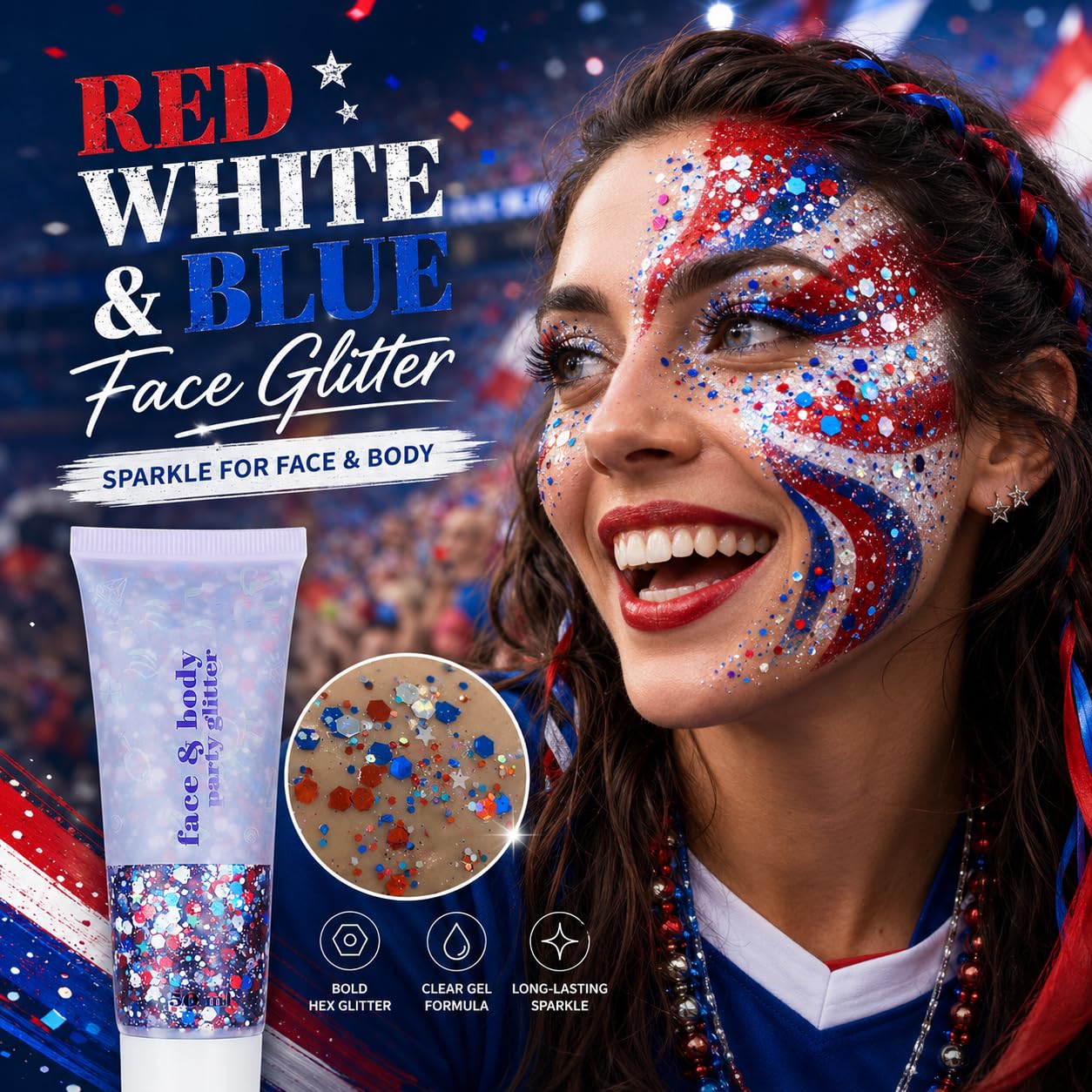 Faglowmify 4th of July Women&Kids Makeup Face Glitter Gel,Fourth of July Red White and Blue Accessories,Sparkle Festival Sparkling Rave
