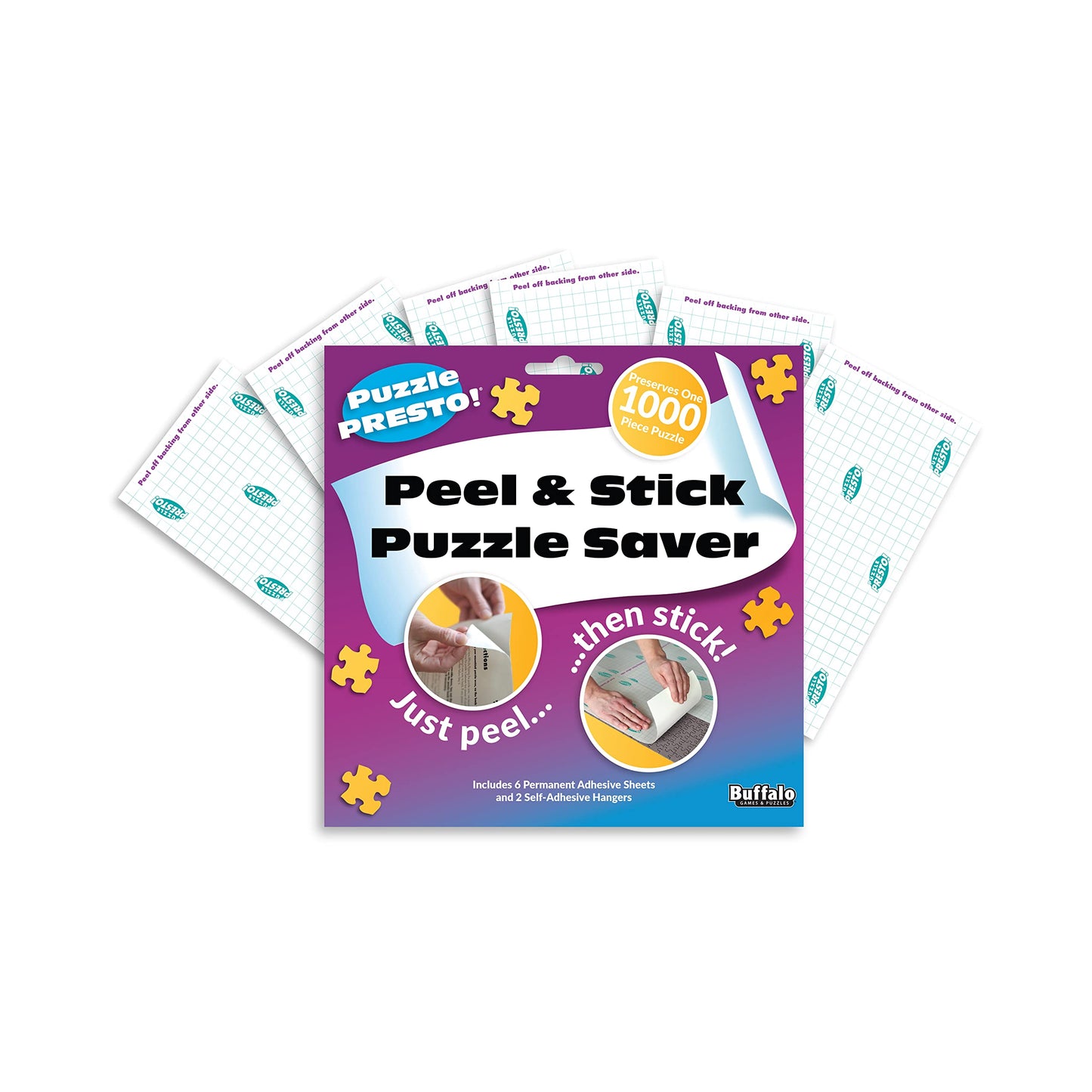 Puzzle Presto Peel & Stick Saver: The Original and Still the Best Way to Preserve Your Finished Puzzle! - 6 Adhesive Sheets and 2 Adhesive Hangers
