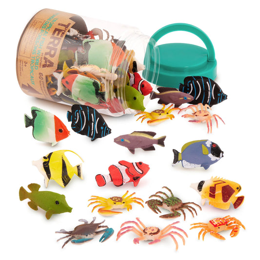 Terra by Battat 60 Pc Tropical Fish & Crab Toys – Mini Plastic Ocean Animal Figurines Tube, Realistic Sea Creatures Playset for Kids 3+