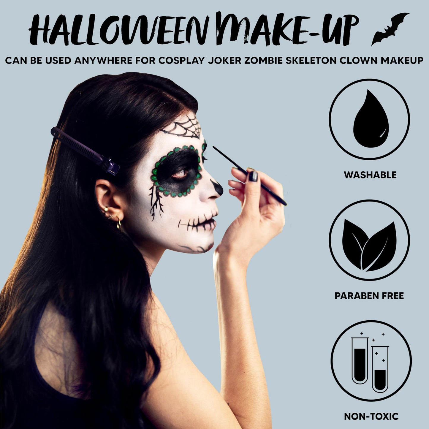 Spooktacular Creations Halloween Makeup Palette 3 Colors Face Body Paint with Brush for Zombie Skeleton Clown Witch Football Baseball Sports SFX