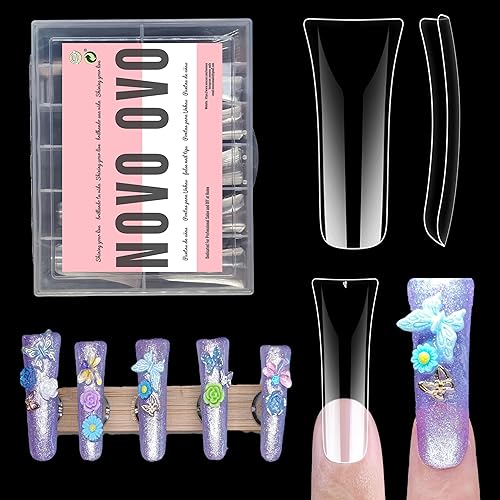 NOVO OVO 120 pcs Extra Long Duck Nail Tips Full Cover for Acrylic, Clear XL XXL Flare Feet Nails Press On, Y2K Vibe Wide French Soft Gel False Nail