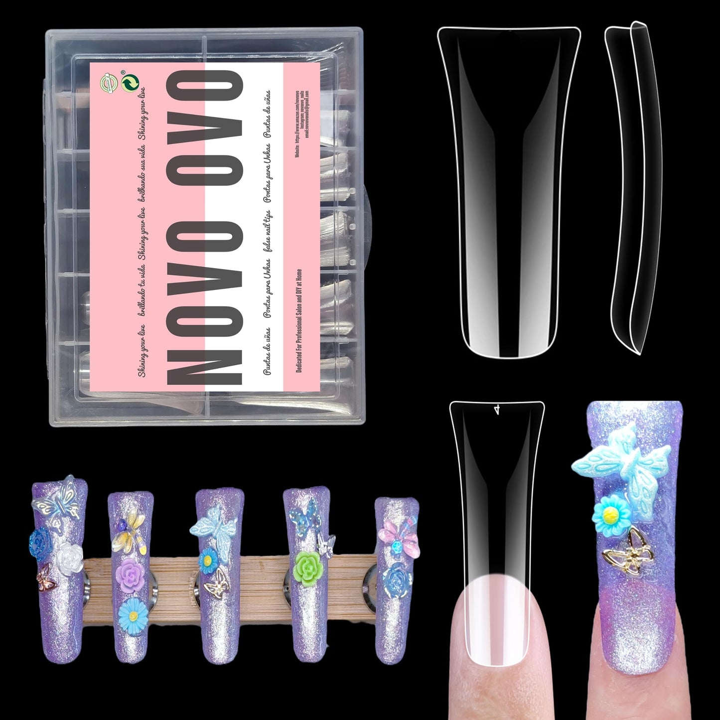 NOVO OVO 120 pcs Extra Long Duck Nail Tips Full Cover for Acrylic, Clear XL XXL Flare Feet Nails Press On, Y2K Vibe Wide French Soft Gel False Nail