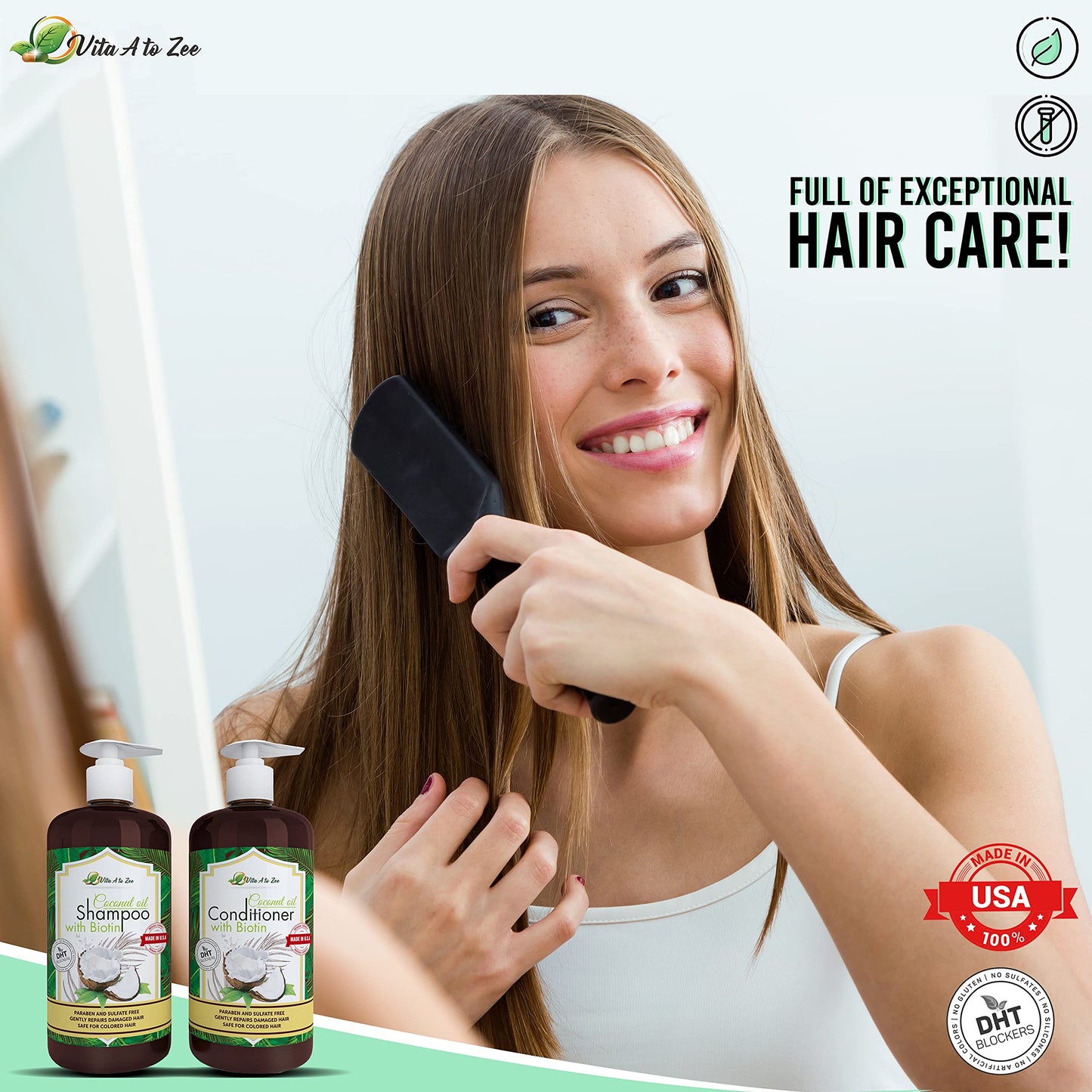 Vita A to Zee Coconut Oil Shampoo & Conditioner with Biotin, Aloe Vera (2 x 16.9 Fl Oz) - Hair Regrowth Shampoo Conditioner for Dry, Frizzy & Coarse