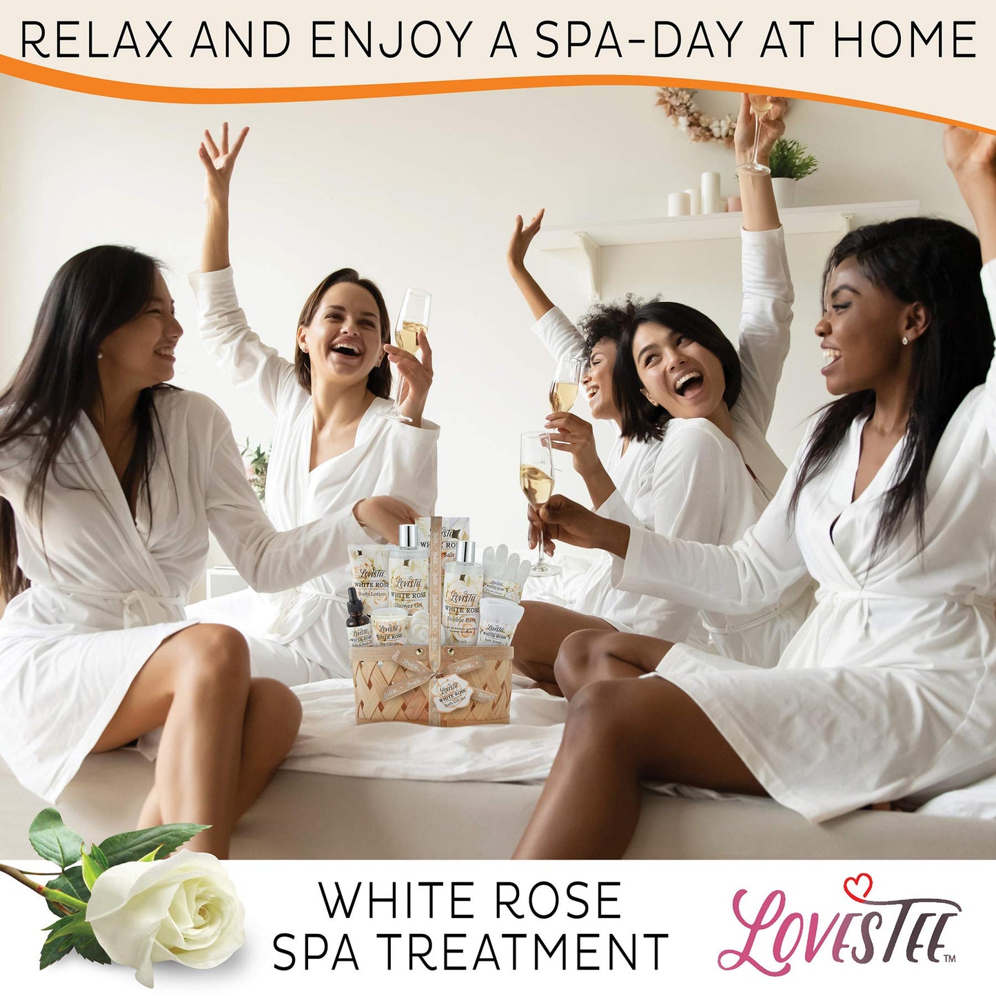 Christmas Gifts Bath & Body Spa Gift Basket for Women, Best Gift for Mother's Day & Birthday, White Rose Set Body Lotion, Shower Gel, Bubble Bath