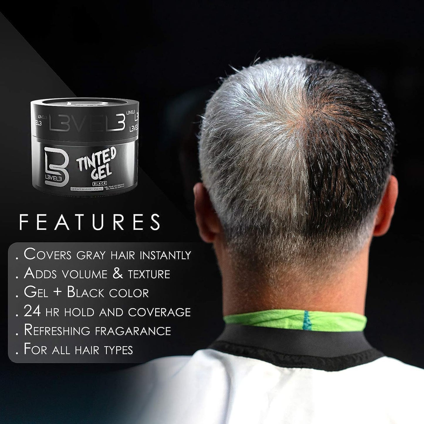 L3 Level 3 Black Tinted Hair Gel - Cover Grays Instantly & Style with Strong Hold - Temporary Color - Adds Volume, Texture & Shine - Flake-Free