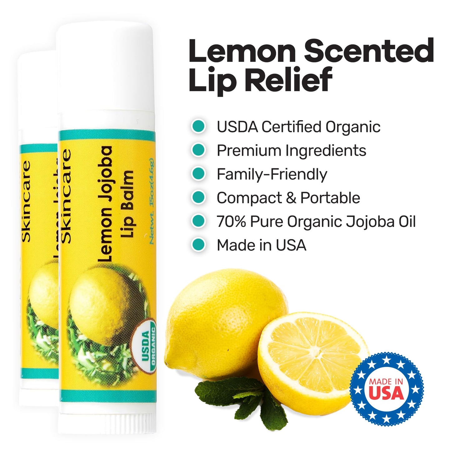 Desert Oasis Skincare | USDA Organic Lemon Lip Balm - 70% Jojoba Oil with Beeswax - Steam Distilled Lemon Essential Oil - Natural Softens for Dry