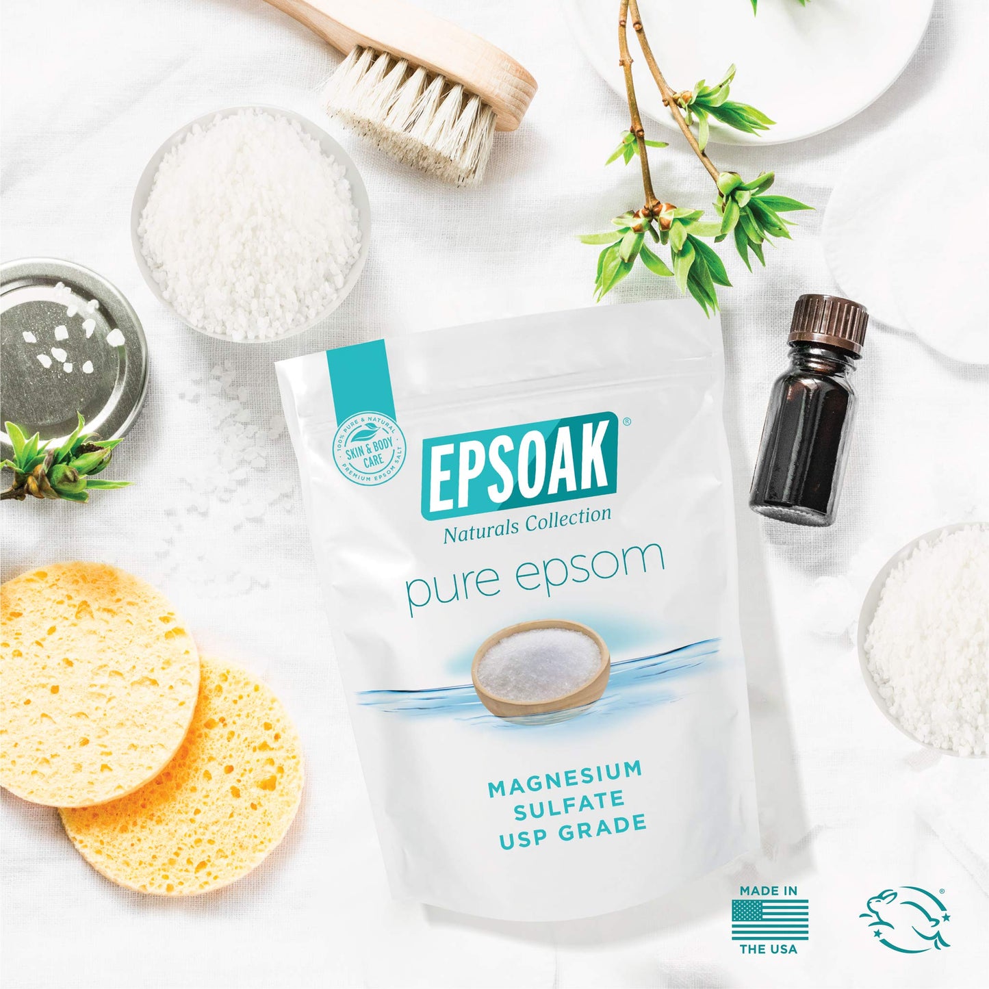 Epsoak Epsom Salt 2 lb. Magnesium Sulfate USP. Resealable Epsom Salt Bag Unscented, Made in The USA, Cruelty-Free Certified Beauty and Personal Care Epsoak