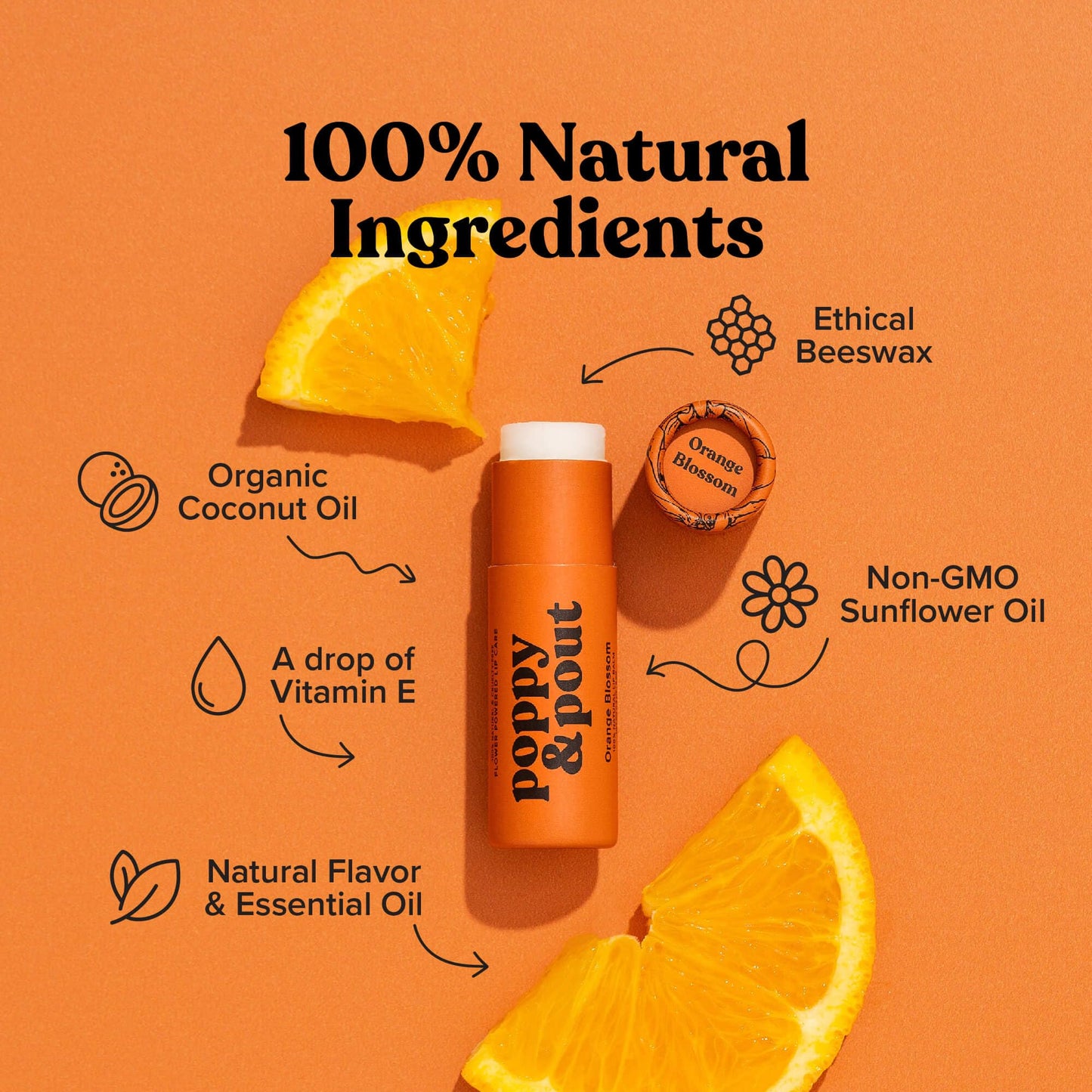 Poppy & Pout Orange Blossom Jumbo Lip Balm | All Natural Lip Balms & Moisturizers | Hydrates with Beeswax, Vitamin E, Organic Coconut Oil |