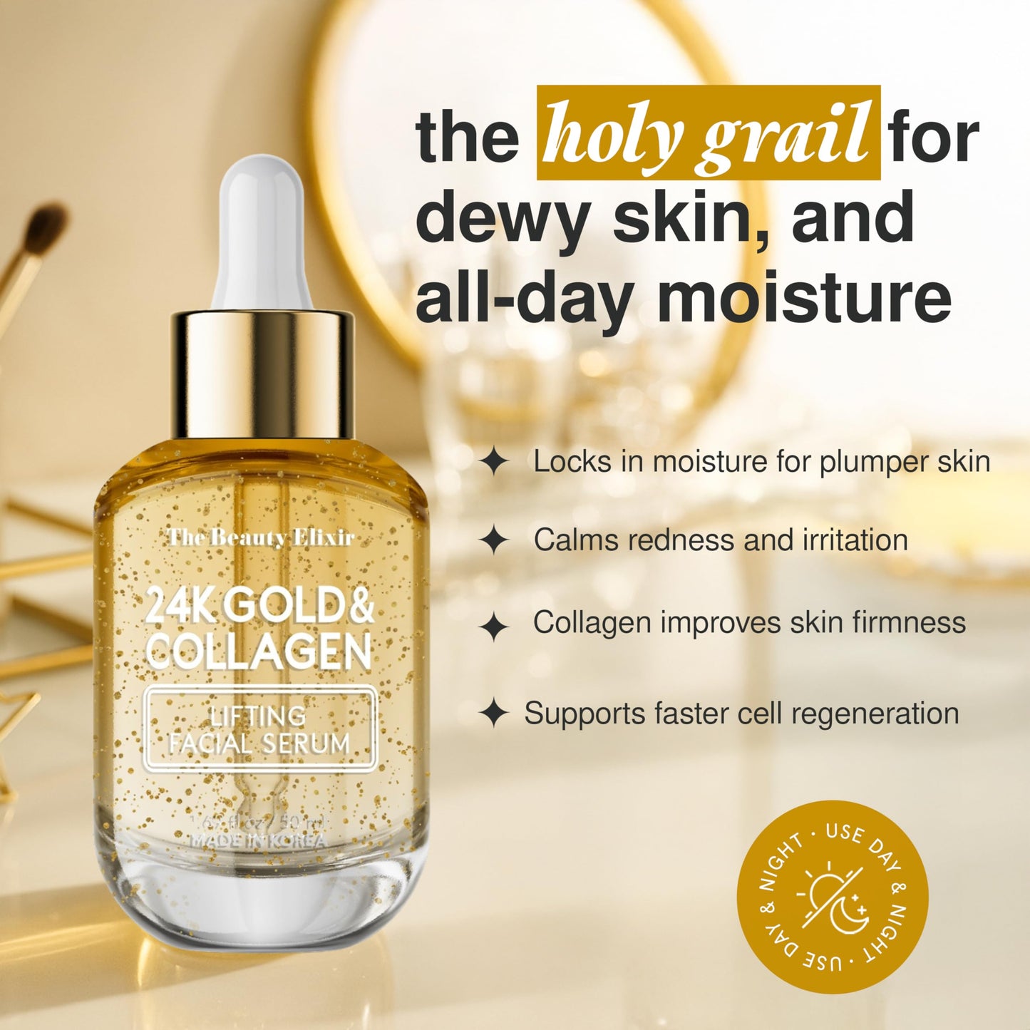 The Beauty Elixir Collagen Serum For Face with 24k Gold - Dermatologist Tested - Anti Aging, Ultra Hydrating, Fine Lines & Wrinkle Treatment - Clean