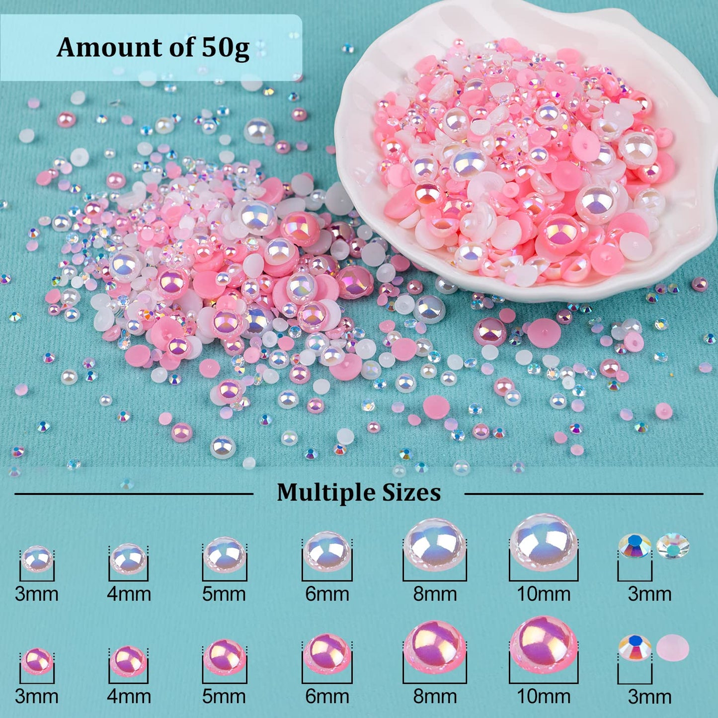 BELLEBOOST 50g Flatback Pearls and Rhinestones Set 1-Pink&White, Mixed Size 3-10mm Resin Rhinestones and Half Pearls for Nail Art and Crafts
