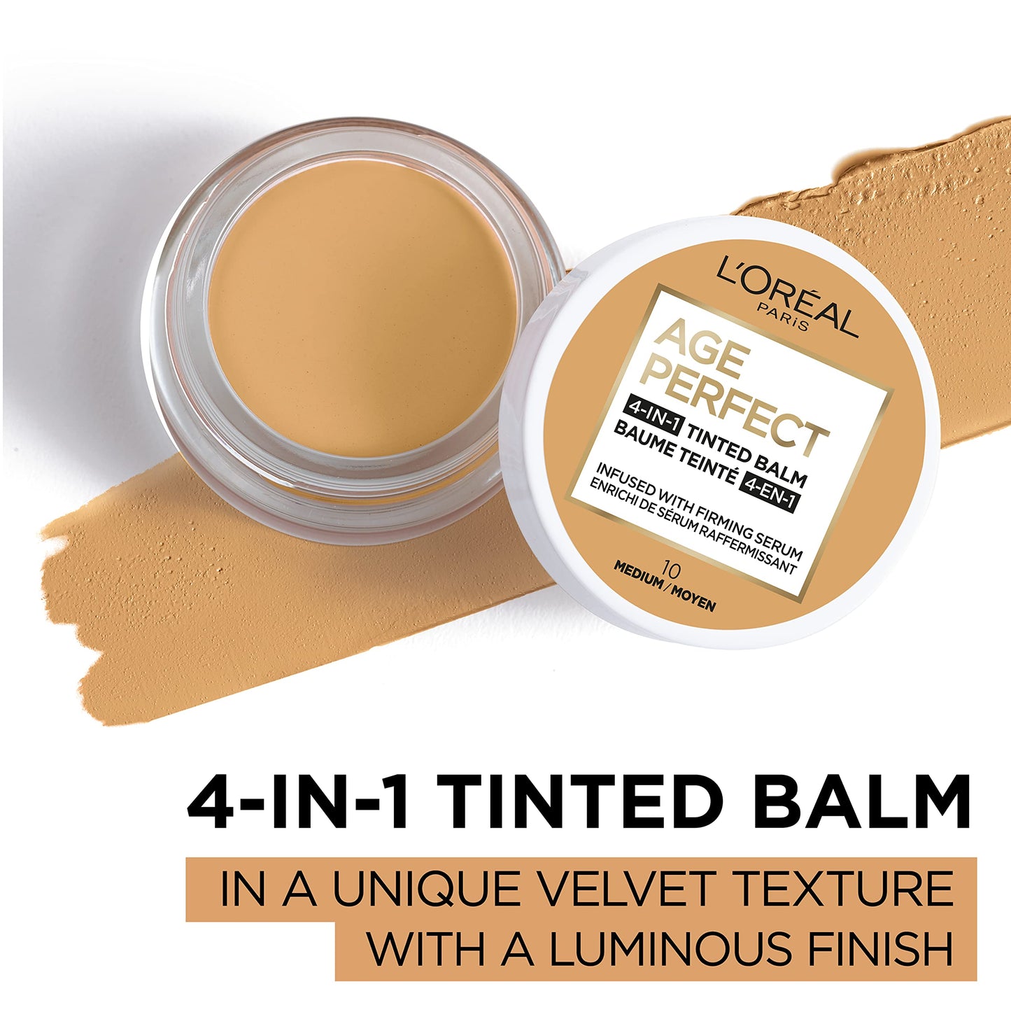 L'Oreal Paris Age Perfect 4-in-1 Tinted Face Balm Foundation with Firming Serum, Medium 10, 0.61 Ounce