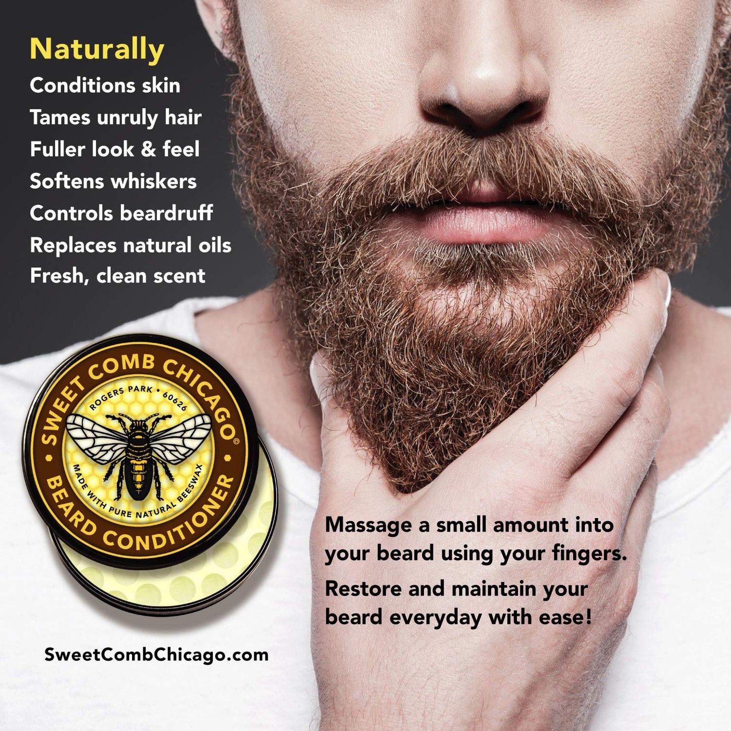 Sweet Comb Chicago: Beeswax Beard Conditioner, Strong Hold for Your Beard, Strengthens & Softens Beards & Mustaches - Leave in Conditioner Wax for Men