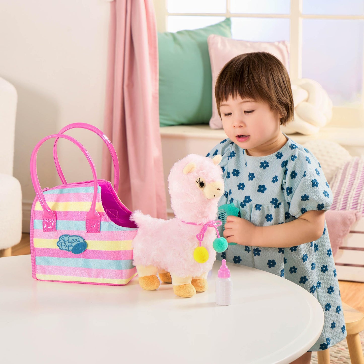 Pucci Pups - Plush Llama - Dog Carrier - Toy Llama - Striped Bag & Unicorn, Blue Comb & Bottle - Stuffed Animal - 3+ Years