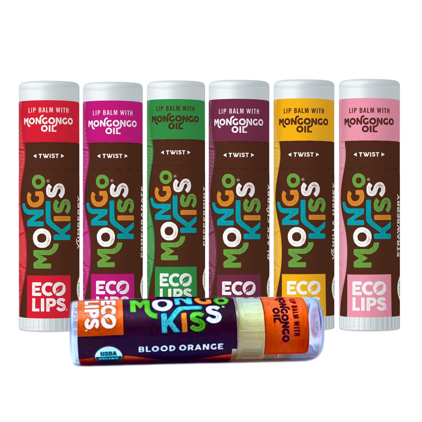 Eco Lips Mongo Kiss Organic Lip Balm 7 Pack - Blood Orange, Black Cherry, Pomegranate, Vanilla Honey, Peppermint, Strawberry Lavender, Yumberry |